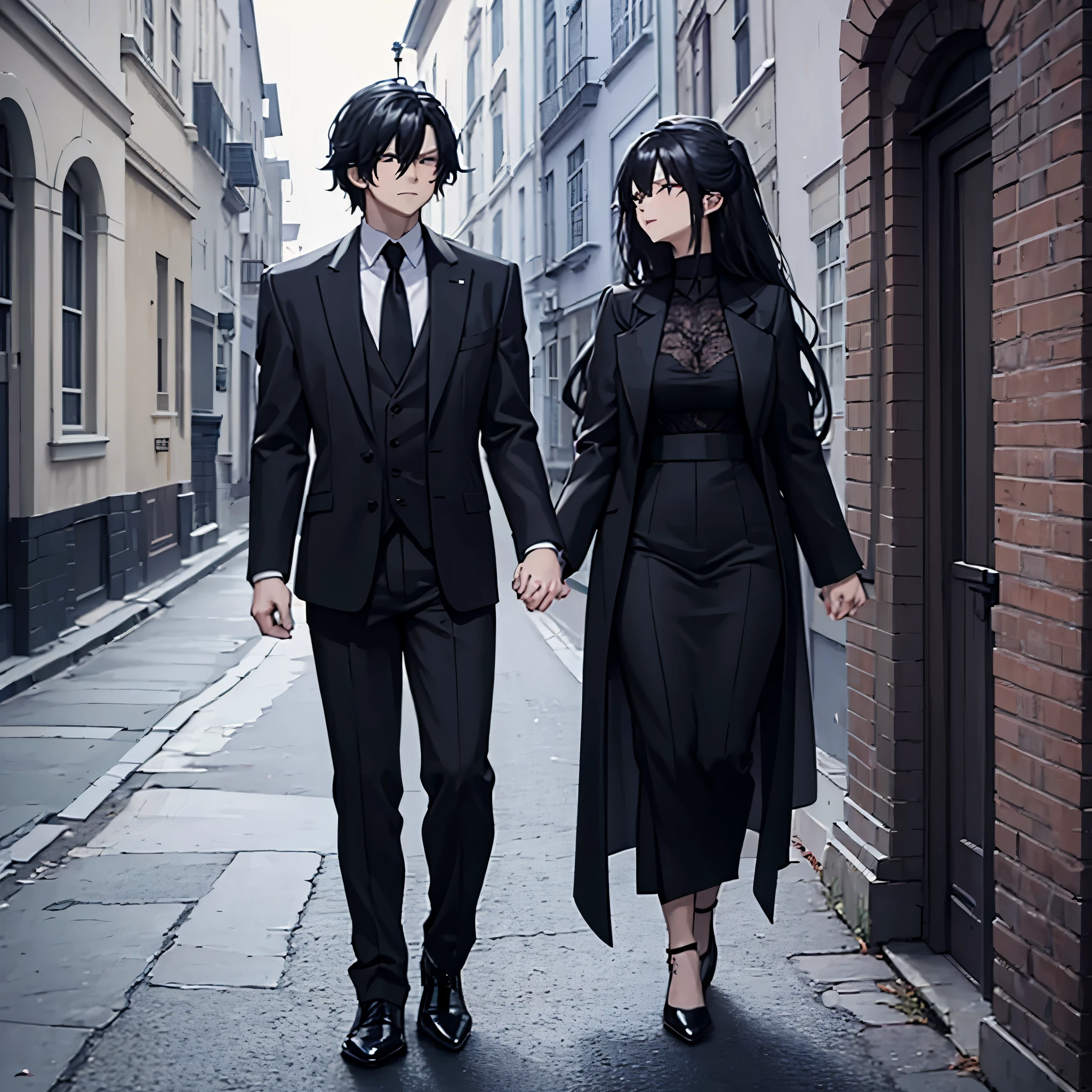 A man in a black suit holding his wife's hand in elegant clothes, outside a house.