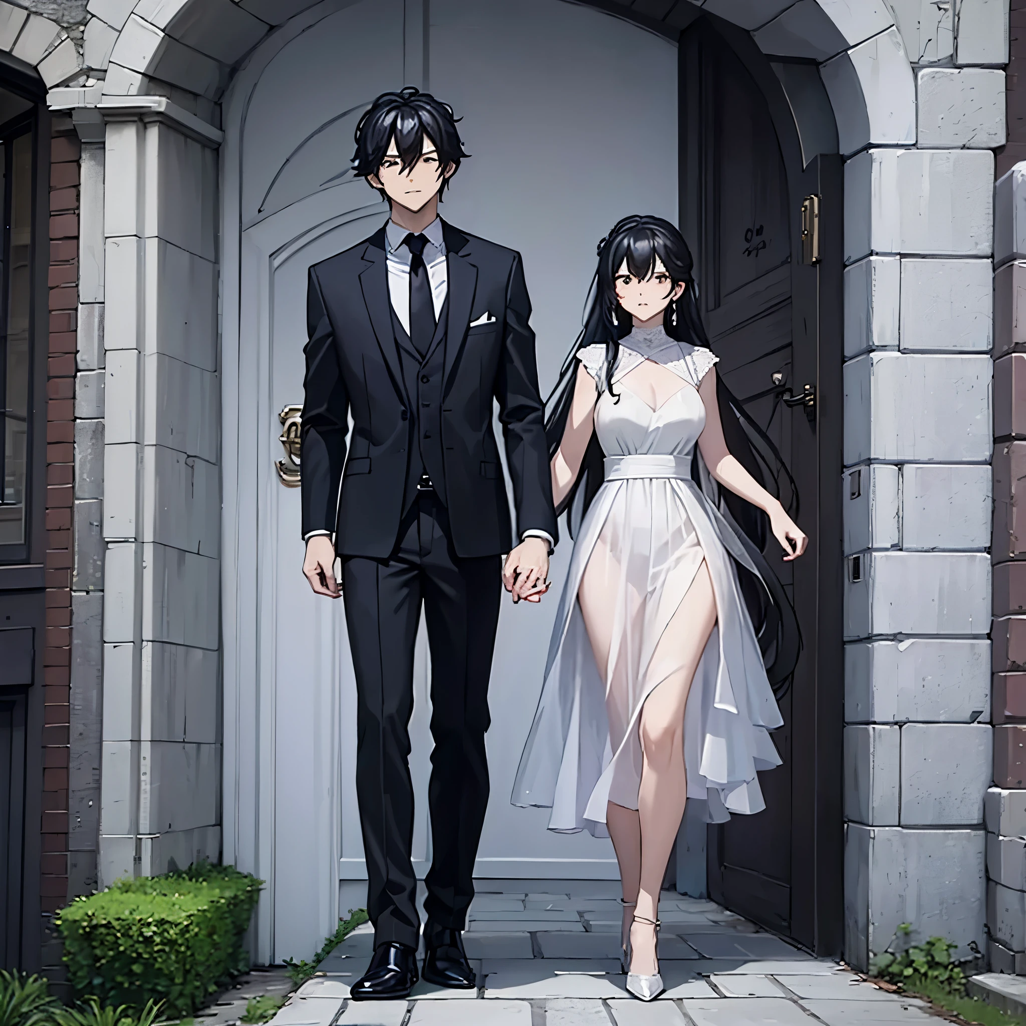 A man in a black suit holding his wife's hand in elegant clothes, outside a house.
