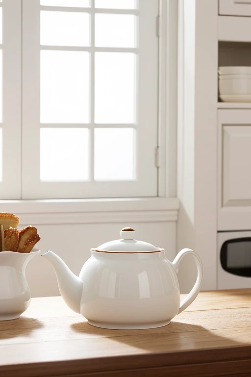 In a predominantly white kitchen,There is a white table in front,There is a beautiful white teapot,There are 6 exquisite small teacups placed in front of the teapot.。There are also some breads that are well lit,Focus sharp,The picture is exquisite and delicate,Gives a sense of reality and photorealism。This scene gives people a sense of tranquility、Comfortable and elegant feel,Full of exquisite details and quality。