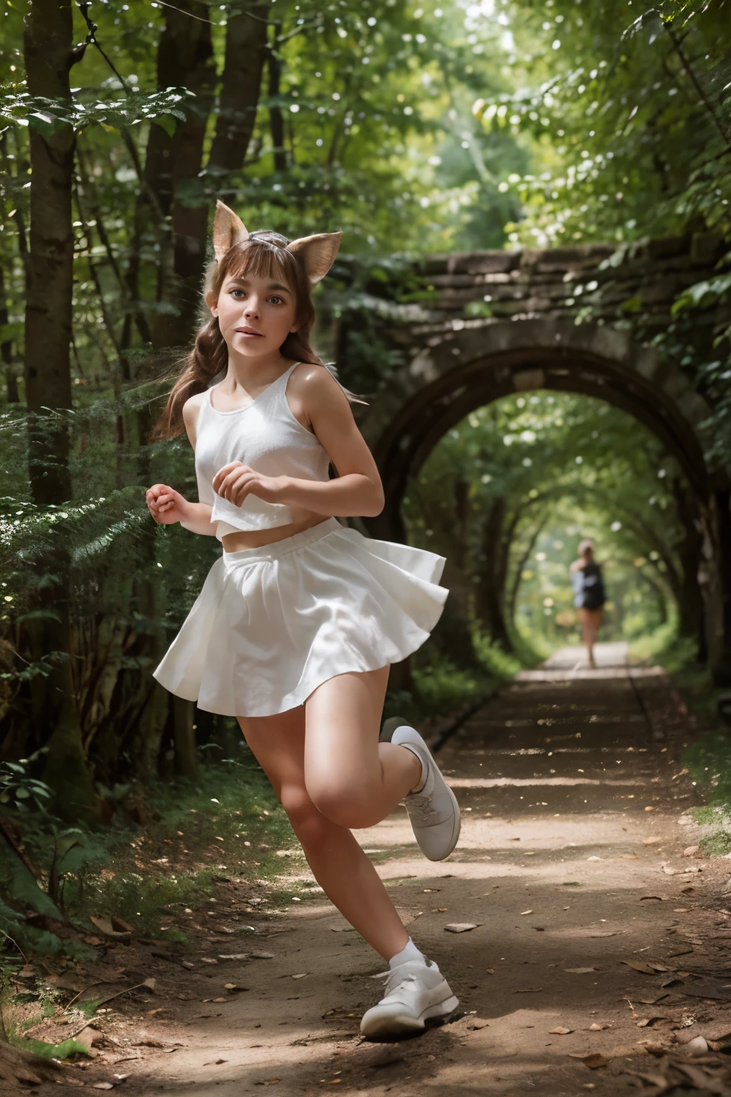 (Best quality, Ultra detailed: 1.1), Cinematic portrait of a captivating cat girl, dressed in a white skirt, (running: 0.8) through the enchanting woods, (long, bushy tail: 0.9) trailing behind, (thin, agile body: 1.2), (knee-length socks: 0.5), (ear-shaped ears: 1.3), (green leaves: 0.7), (wild, untamed hair: 0.6), (happy, playful expression: 1.0), (eyes: 1.5), shimmering with curiosity and wonder,