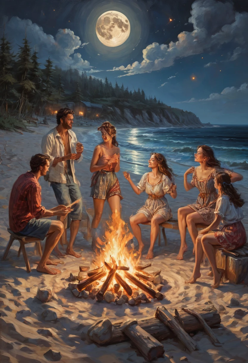 beach, Dancing around the campfire, moon, best quality, masterpiece, Representative work, official art, Professional, Ultra intricate detailed, 8k