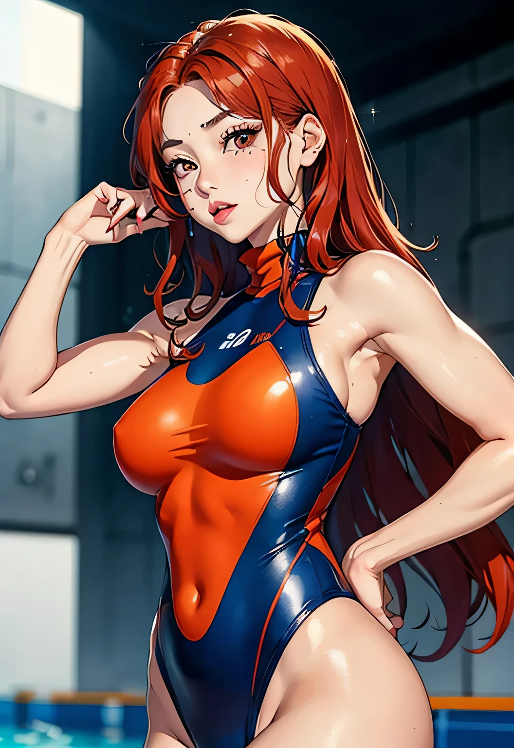 realistically、Super high saturation、8k、Long red curly hair(((a 30 year old girl)))、((She is wearing an orange and navy blue turtleneck indigo swimsuit。)).、swim、Thighs are thicker、Emphasis on muscle development。、Various sexy pose swimプールround olympic 体操選手ics stadium 美しい顔, Highly detailed face and skin textures, (Eyes have small wrinkles, double eyelids, thin eyebrows, glitter eyeliner: 1.2, natural cheeks, skin shiny, White skin,, (shiny lips: 1. 4),Sweating 1.0、(((vitality)))