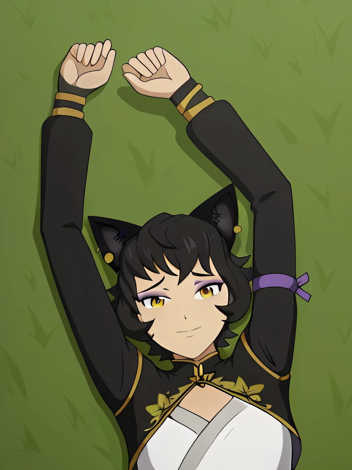 anime, mature female, kali belladonna, high quality, closed mouth, solo, cowboy shot, high quality, lying, on back, on grass, spread arms, shy smile, arms up, closed mouth,
