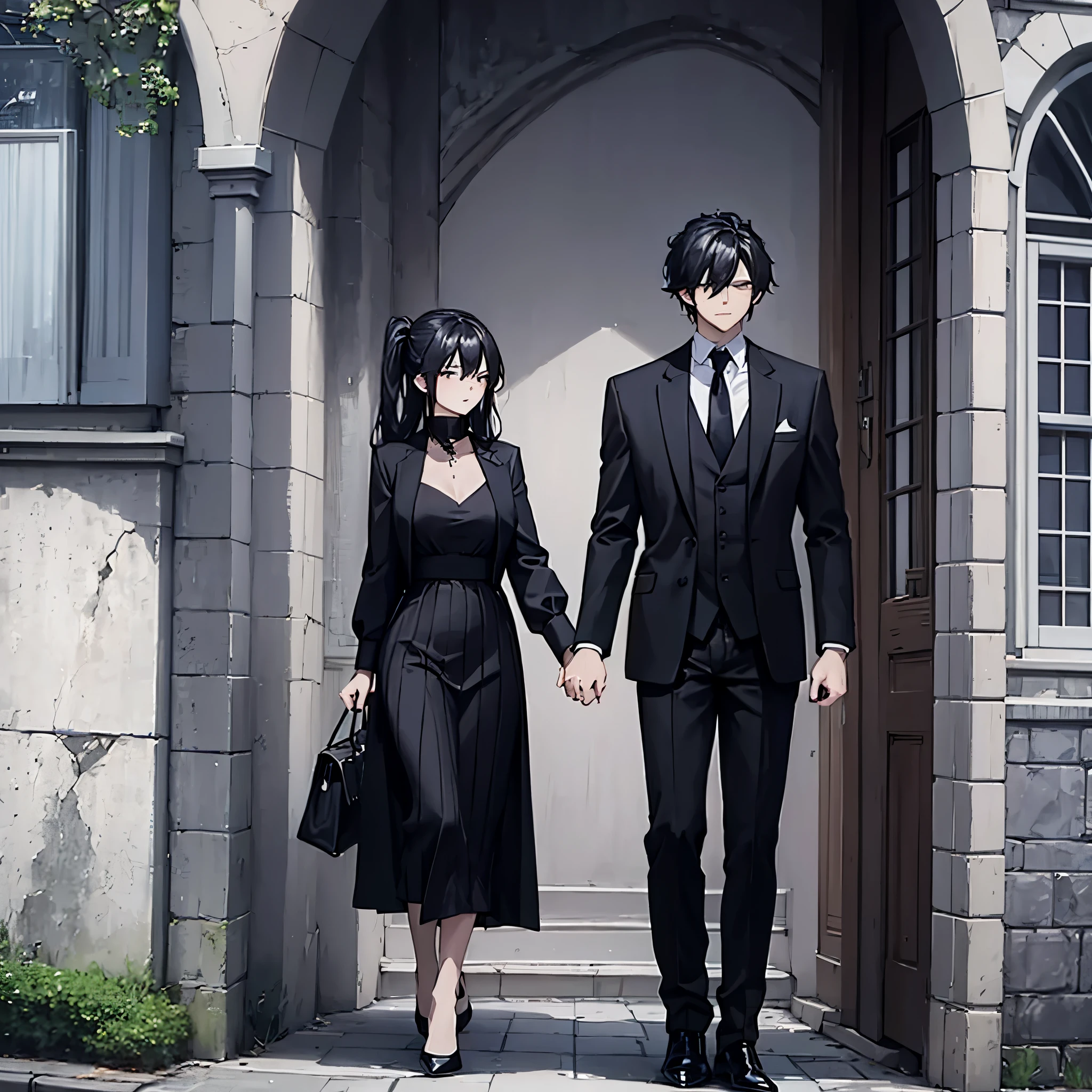 A man in a black suit holding his wife's hand in elegant clothes, outside a house.
