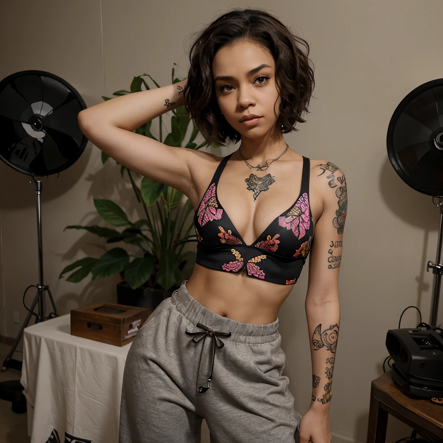 Create boondocks cartoon girl with dark brown short curly hair, brown eyes thick lips with a Chinese neck tattoo and butterfly chest tattoo with a tight crop top and baggy pants standing up and shoes boondocks cartoon