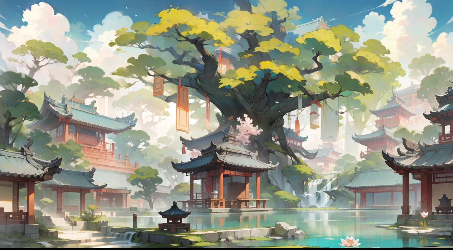 Antique game scene design,big tree,Floral fragrance,lotus architecture,floating table,surrounded by clouds,a blue sky,Baiyun,Chinese ink OC rendering sculpture