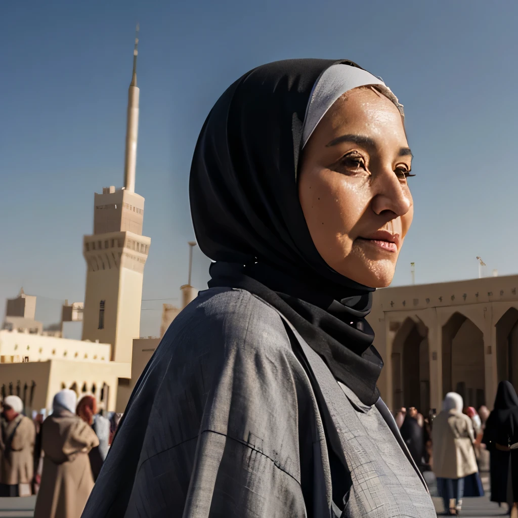 75 years old woman, half body front view, wearing muslim clothes, hijab,  hyper realistic, hd, 4k, clear face, little fat, makkah in background 