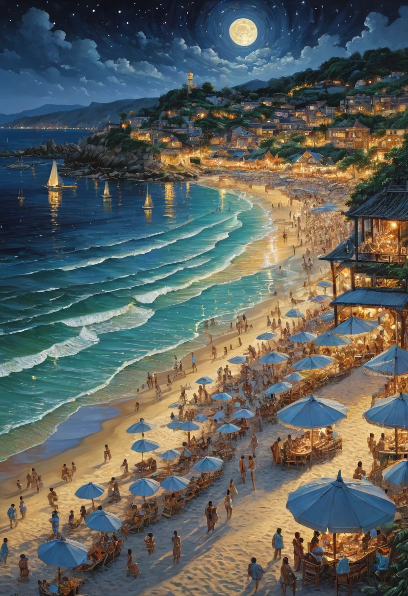 beach, Dancing around the campfire, moon, best quality, masterpiece, Representative work, official art, Professional, Ultra intricate detailed, 8k