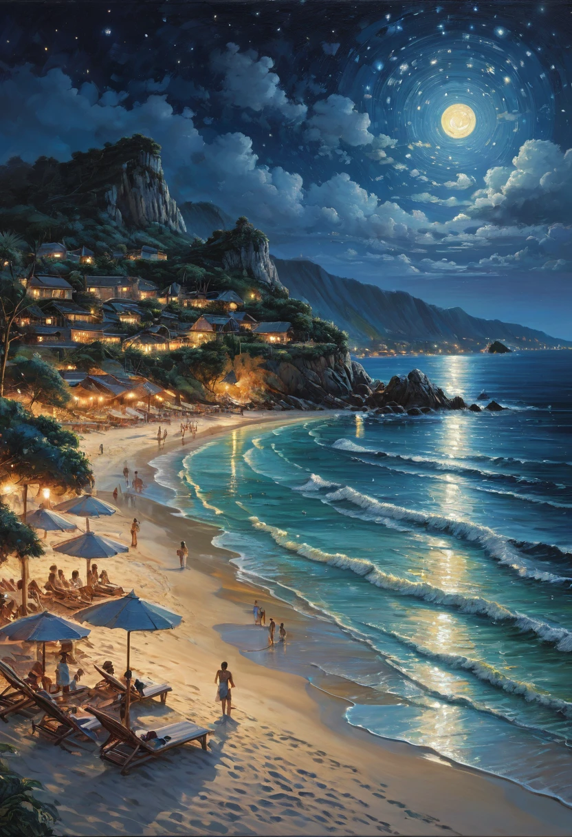 beach, Dancing around the campfire, moon, best quality, masterpiece, Representative work, official art, Professional, Ultra intricate detailed, 8k