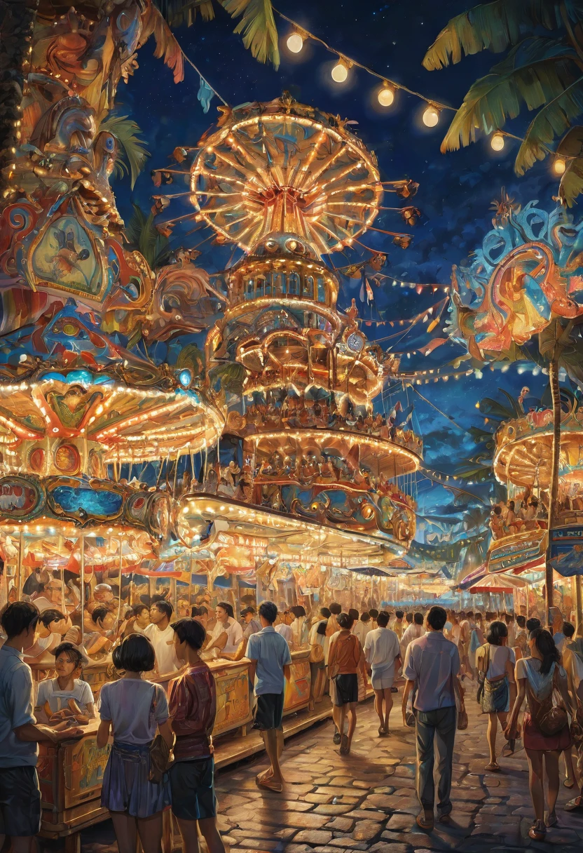 beach, carnival, night, best quality, masterpiece, Representative work, official art, Professional, Ultra intricate detailed, 8k