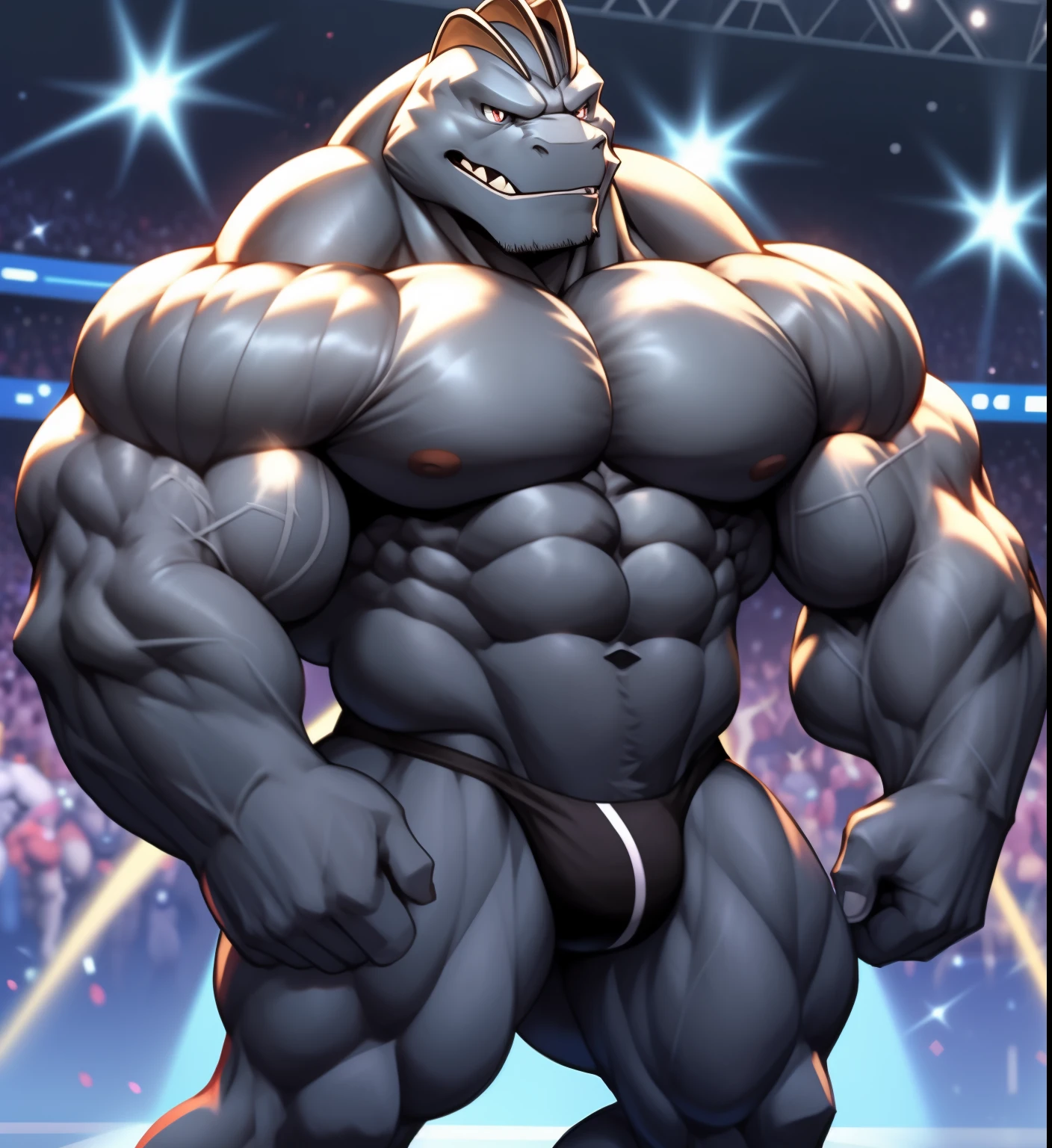 (Pokémon) Machoke in the bodybuilding competition, en el escenario con otros culturistas de Machoke a su lado, wearing a small thong (metallic color: Tanga negro azabache) masivo, Huge, muscular bodybuilder with extraordinary biceps, pectorales gruesos, triceps, trampas, cintura estrecha, gigachad, 500 libras.