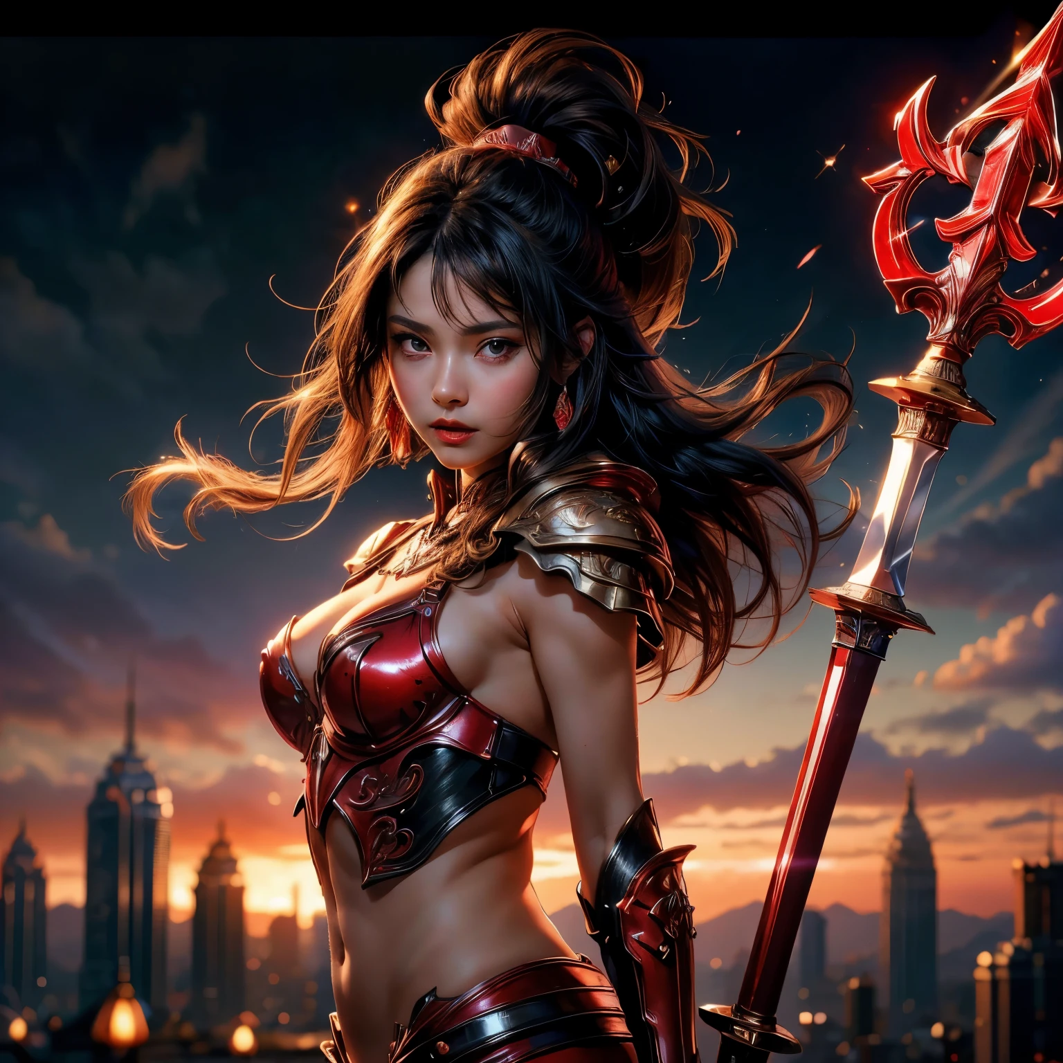 NSFW((masterpiece)), (((Best Quality))), ((Ultra-detailed)), (extremely detailed photo), ((extremely delicate and beautiful)),(Cute delicate face), (A 18 years old very dignified girl),red and black armor ,(holding a red glowing sword ),against a dark background in a city,solo, black hair, double eyelid,delicate skin,slender body shape,