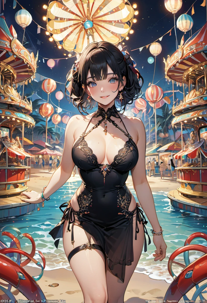 beach, carnival, night, best quality, masterpiece, Representative work, official art, Professional, Ultra intricate detailed, 8k