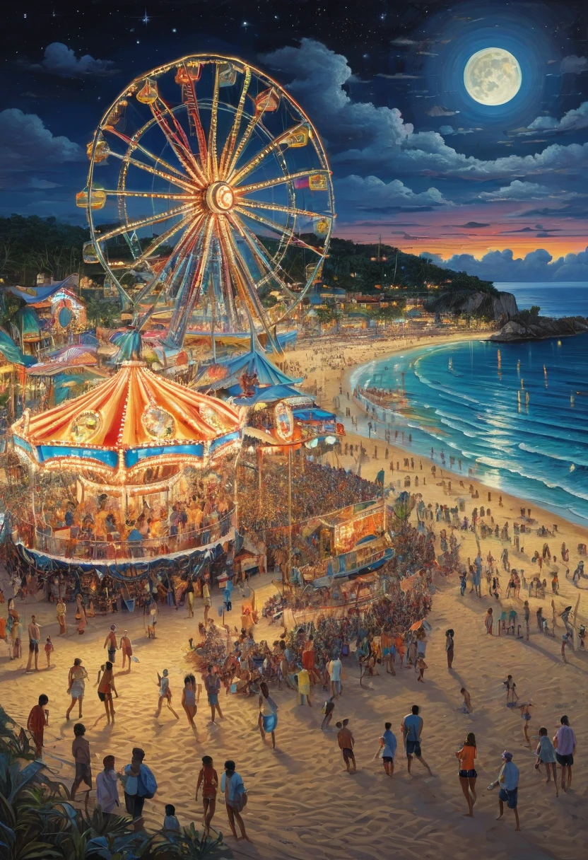 beach, carnival, night, best quality, masterpiece, Representative work, official art, Professional, Ultra intricate detailed, 8k