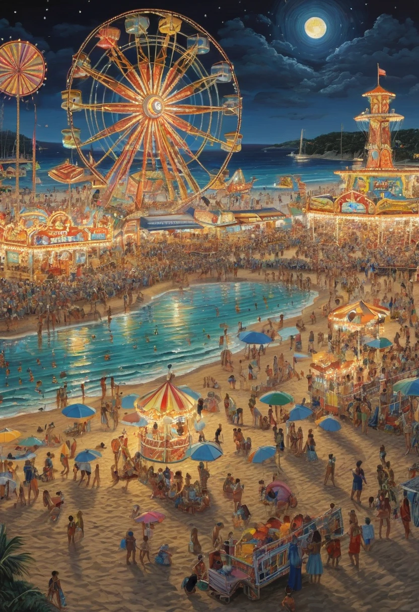 beach, carnival, night, best quality, masterpiece, Representative work, official art, Professional, Ultra intricate detailed, 8k