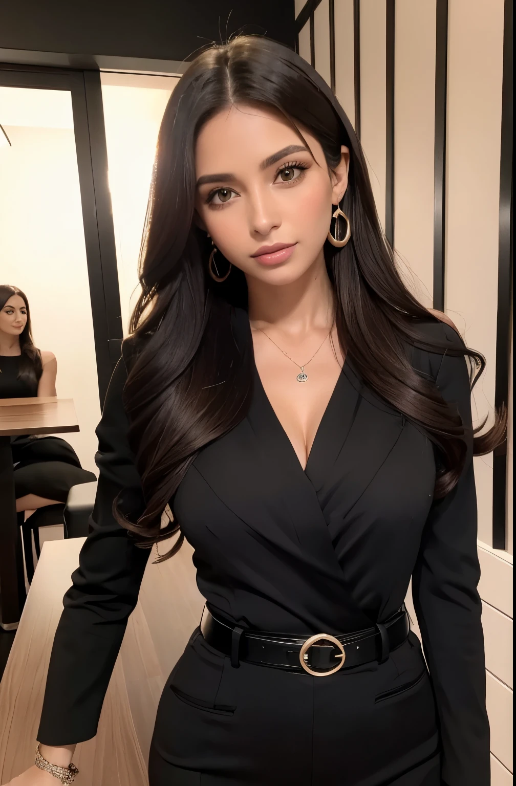 1 mulher adulta, cabelo comprido, cabelo cacheado, cabelo cor preto, pele suave, olhos castanhos, sorrir, vegetation, Ocasional, Businesswoman style clothes, blaser marrom claro, realista, com fundo em um restaurante chique, 8k super realista, super detalhado e realista