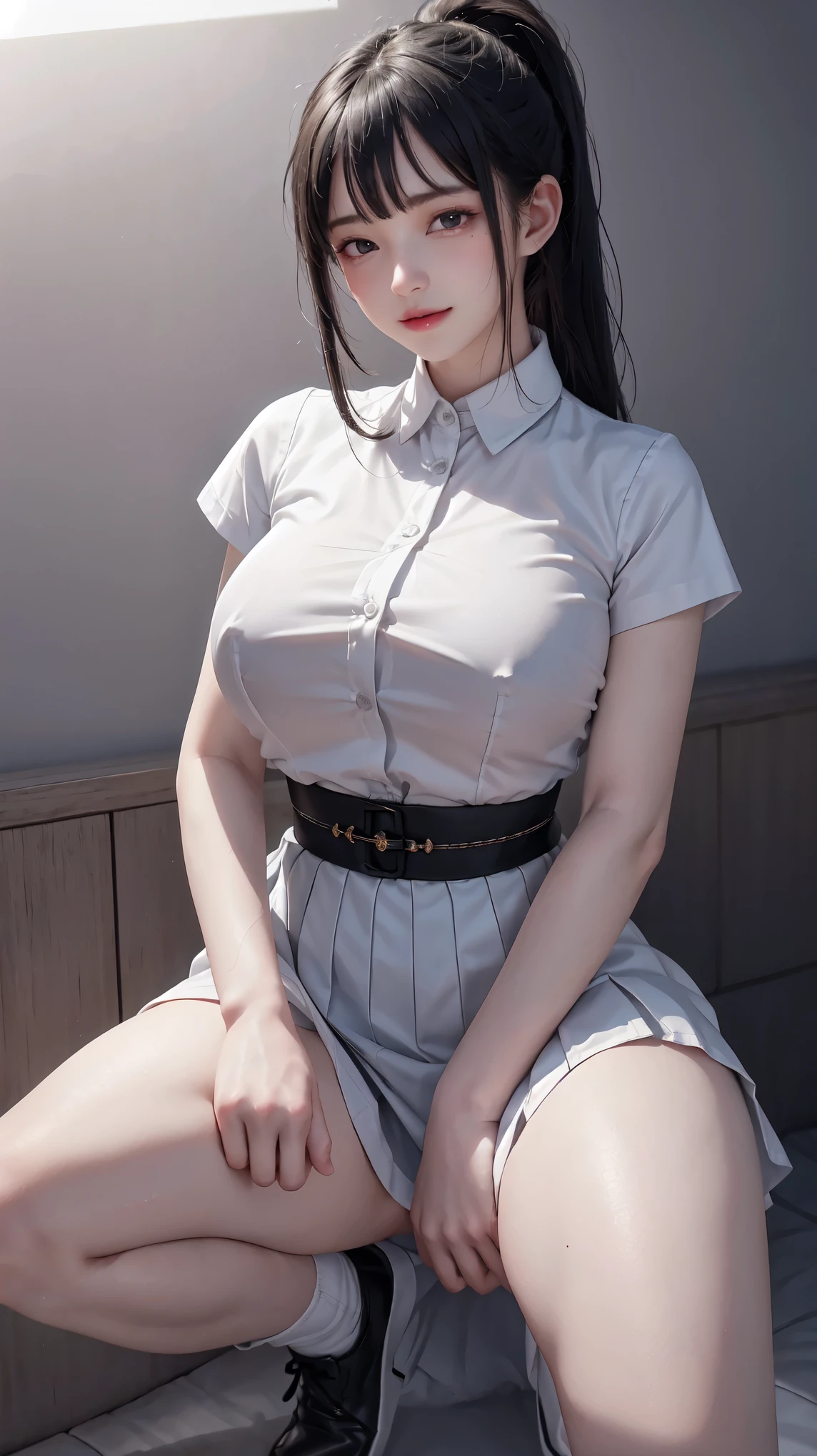 1 lady,,dark hair,Beautiful ponytail hairstyle, (high waist skirt:1.3),, (White shirt:1.3), (Double breasted,underbust:1.2), short sleeves, Button gap,moan,,Sweaty shirts,Sweaty thighs,half squat,legs spread,My crotch is wet,lift up skirt,Wansu,The pants are transparent,Shy, Awkward, blush，spread your feet，