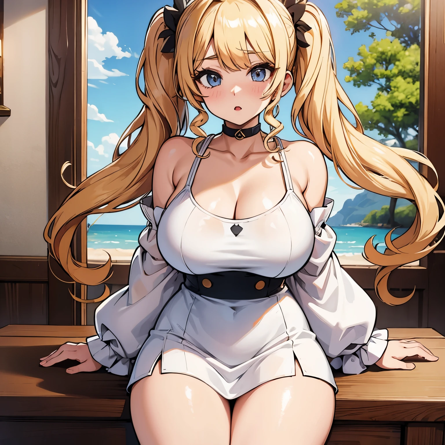 (one person:1.5)、blonde、big breasts、curly hair、twin tails、white one piece dress、