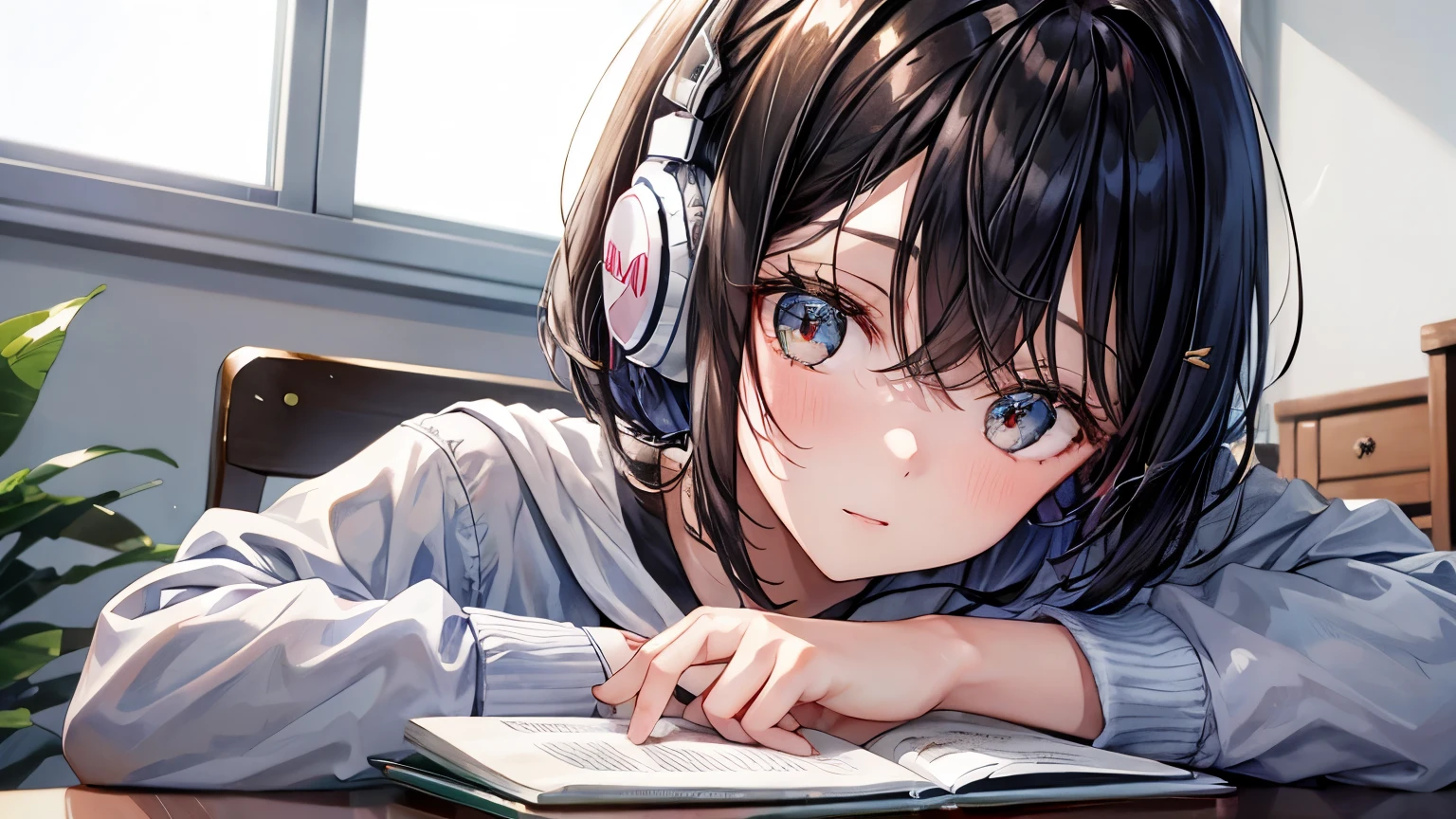 18-year-old,　girl wearing white headphones,　big eyey eyes are sharp、cute、beautiful woman、hair is bob　study　concentrated face　on the desk　in the room　afternoon　blue sky view　doing homework