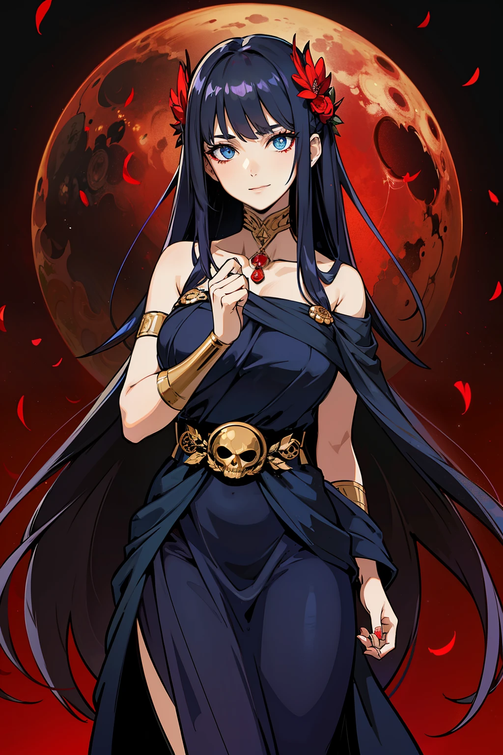 (high-quality, breathtaking),(expressive eyes, perfect face) 1girl, girl, solo, adult, black color hair, glowing hair, constellations on skin, stars in hair, long black dress, sleeveless, armband on left arm, white coloured eyes, byakugan eyes, stylised hair, gentle smile, long length hair, loose hair, Face Framing Bangs, side swept bangs, soft wavey hair, looking at viewer, portrait, ancient greek clothes, blue black and tunic, greek, blue and black sash, darkness inspired background, related to Nyx, elegent, regal, beautiful, a shaul of darkness decorated with stars, Greek Myth, soft make up, cosmos, starlight, goddess of the night, holding skull in hand, piercing blood red moon, ominous background, red spider lily flowers background, flying red petals background
