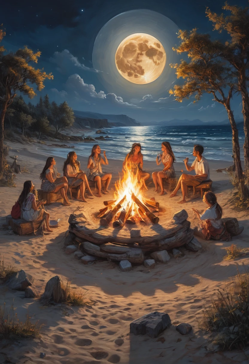 beach, Dancing around the campfire, moon, best quality, masterpiece, Representative work, official art, Professional, Ultra intricate detailed, 8k