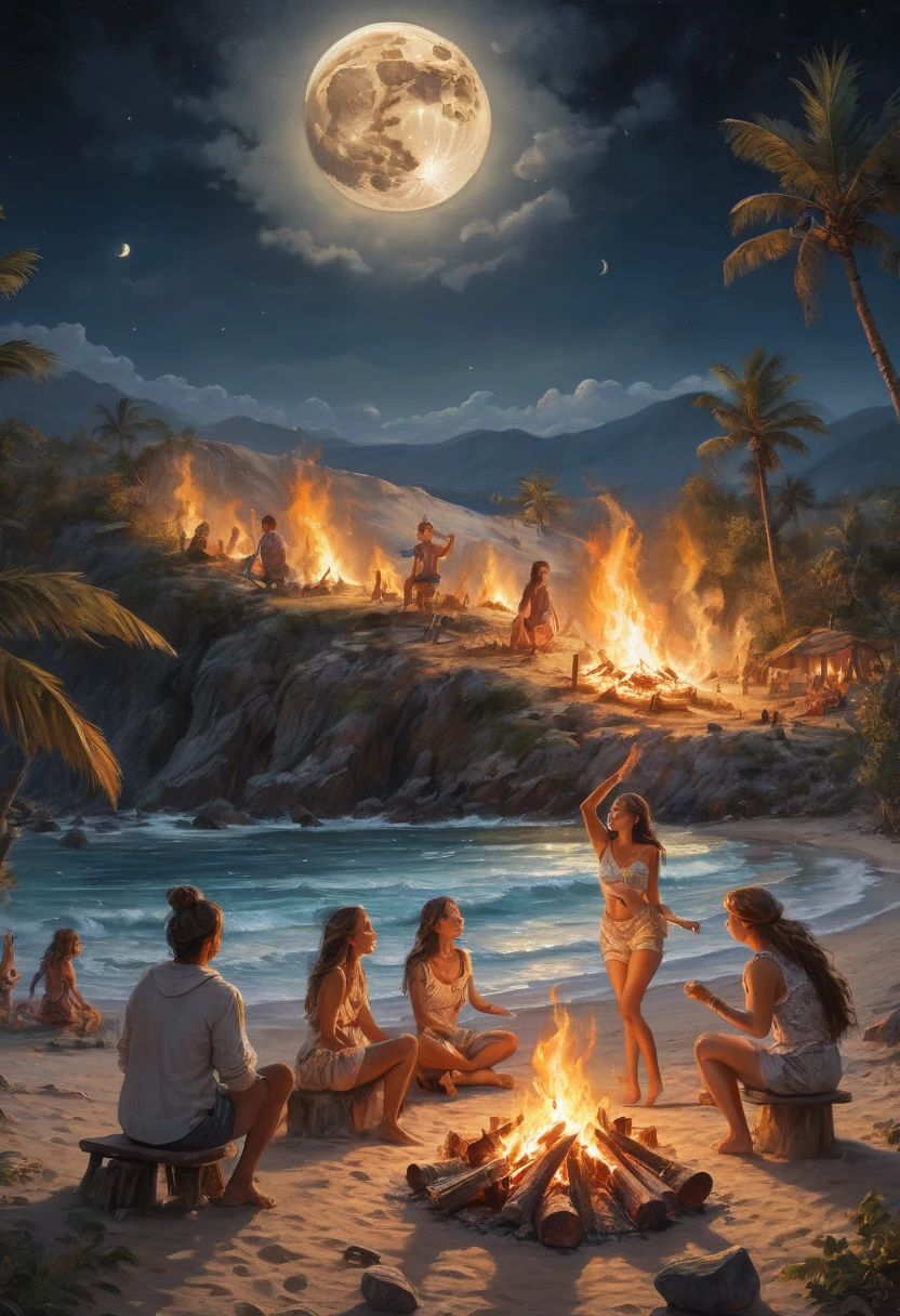 beach, Dancing around the campfire, moon, best quality, masterpiece, Representative work, official art, Professional, Ultra intricate detailed, 8k