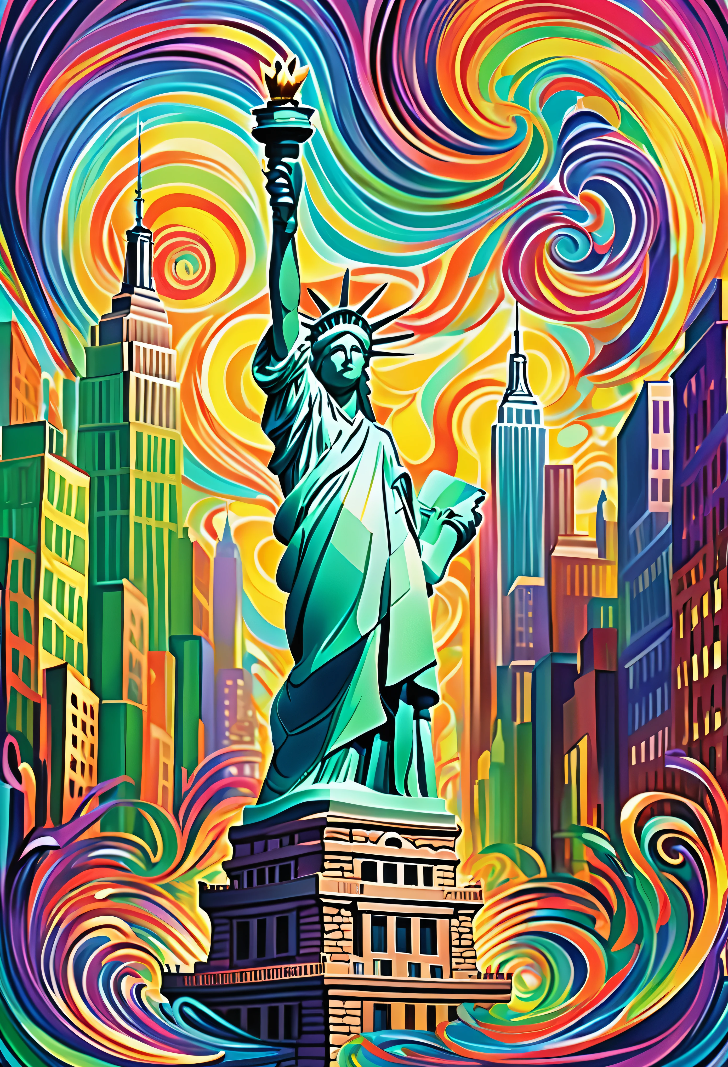 Envision an abstract representation of New York City that transforms its iconic skyline into a visual symphony of shapes and colors. Skyscrapers become bold geometric forms, their contours blending seamlessly with vibrant swirls of energy. The chaotic yet harmonious composition captures the dynamic spirit of the city. The Statue of Liberty emerges as a surreal focal point, adorned with abstract patterns that evoke the city's diverse culture. Streets are depicted as flowing rivers of color, reflecting the constant movement and rhythm of urban life. This abstract masterpiece invites viewers to interpret the essence of New York City through a kaleidoscope of artistic expression, transcending traditional representations.