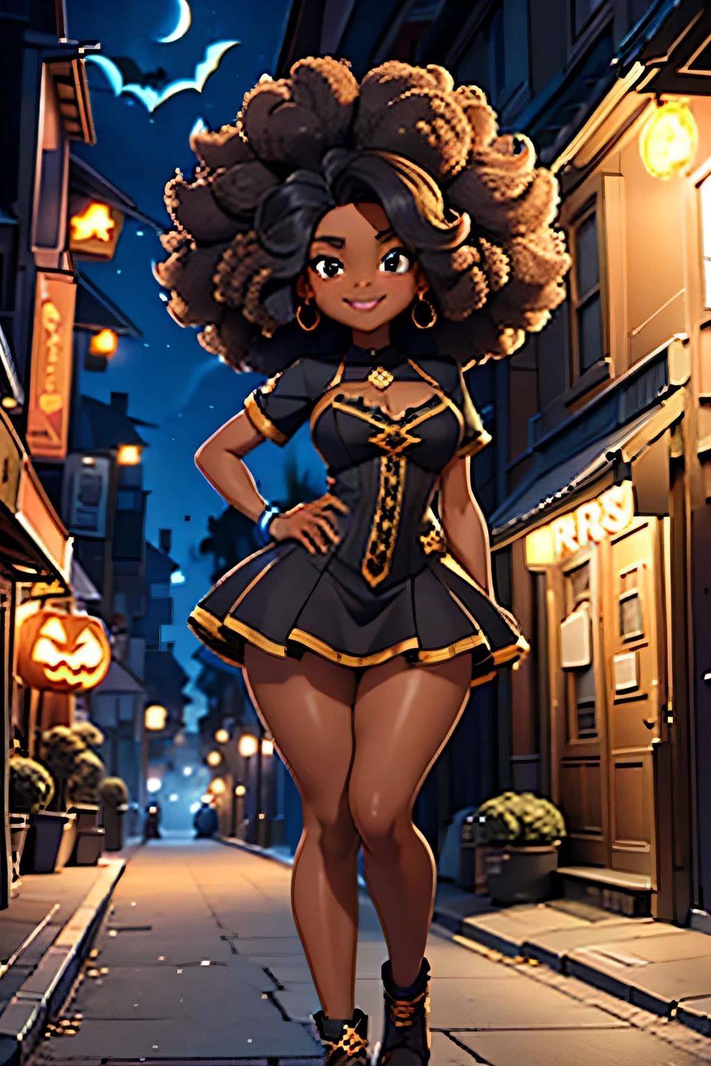 HD, dark skinned, young girl,  8, humanoid, honey, brown eyes, (((brown eyes))), black afro hair, (((afro hair))), Jackie Parris, ((((Jackie Parris)))), full body cgsociety, 3 d character art, full character body, detailed full body concept, stylized character, erotica, ((young girl, 1girl, age), ((complex detailed background, street, outside, night time, Halloween)), chubby, small, short, action pose, smiling, witch costume, Halloween