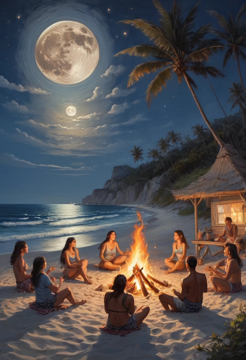 beach, Dancing around the campfire, moon, best quality, masterpiece, Representative work, official art, Professional, Ultra intricate detailed, 8k