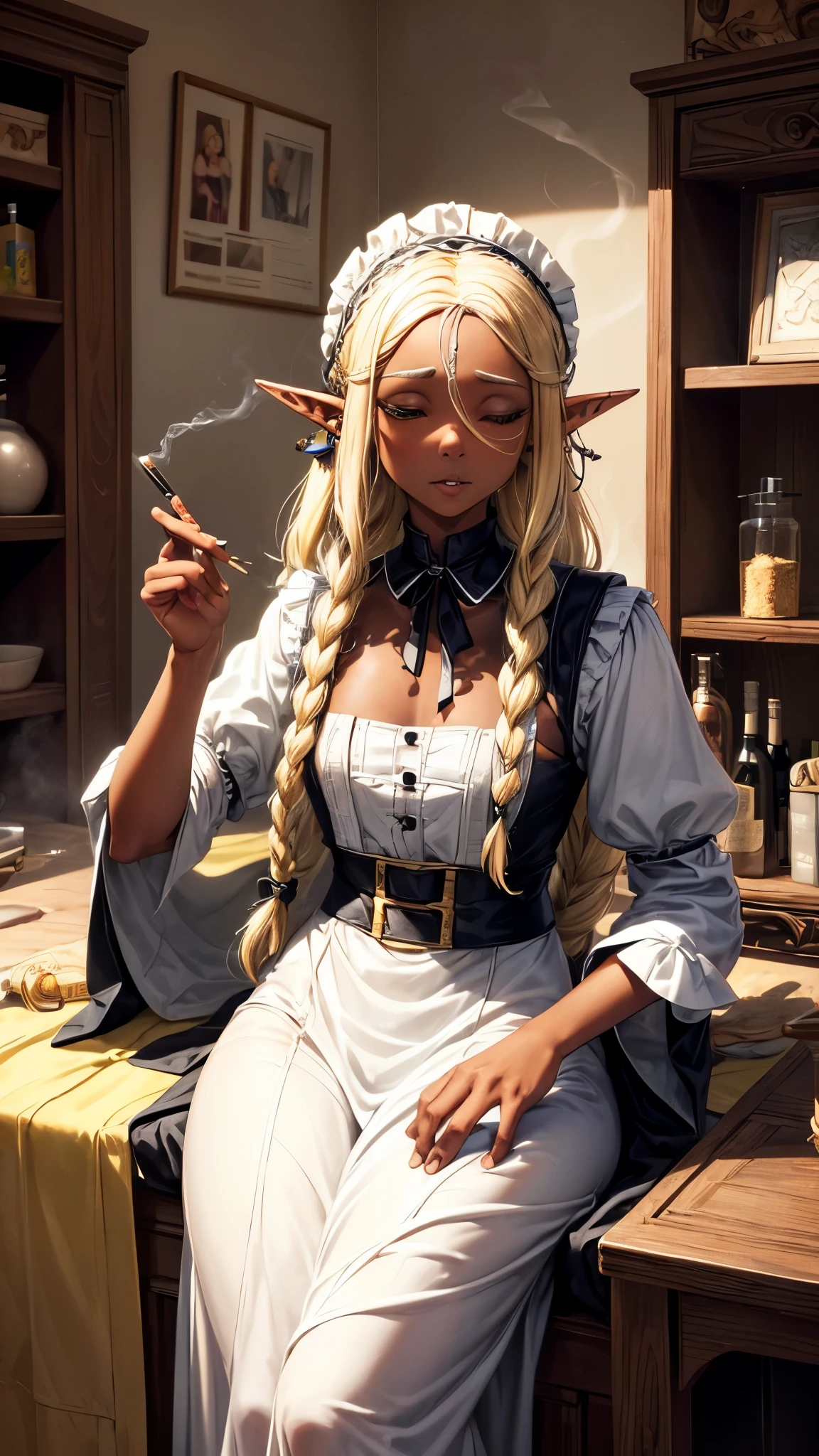 ((black skin maid elf) ((Cornrow Hair Short Dreadlocks)) (in the magic laboratory), ((smoke a cigarette in mouth)) ((solo:1.3 blonde hair long hair detailed elf woman, 1000 yo, cute closed eyes), (Crossing one’s arms), in a maid clothes, break, perfect anatomy, masterpiece:1.2, best quality, 8k, beautiful detailed grow, daydreaming expression.