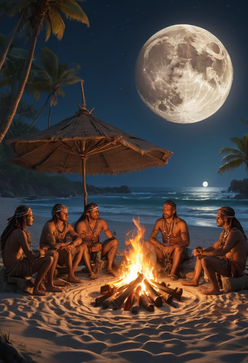 beach, campfire, tribal council, moon, best quality, masterpiece, Representative work, official art, Professional, Ultra intricate detailed, 8k