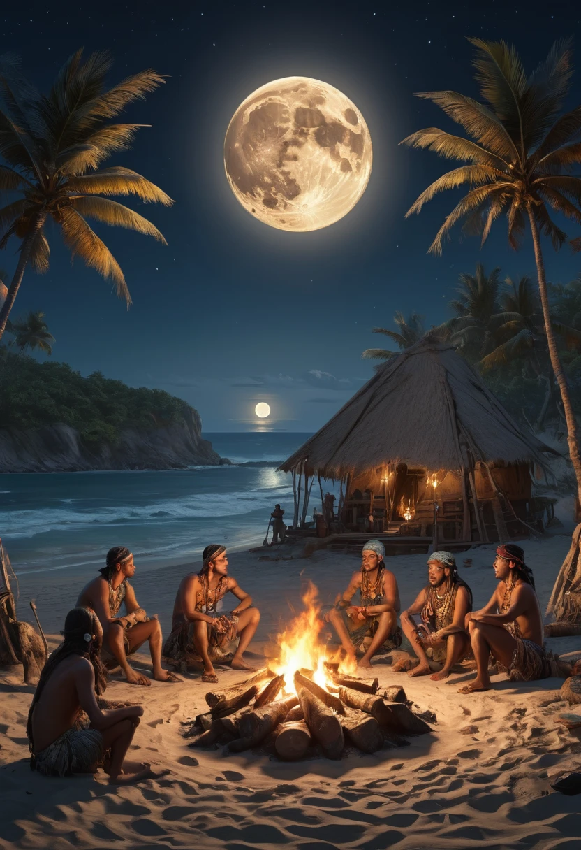 beach, campfire, tribal council, moon, best quality, masterpiece, Representative work, official art, Professional, Ultra intricate detailed, 8k