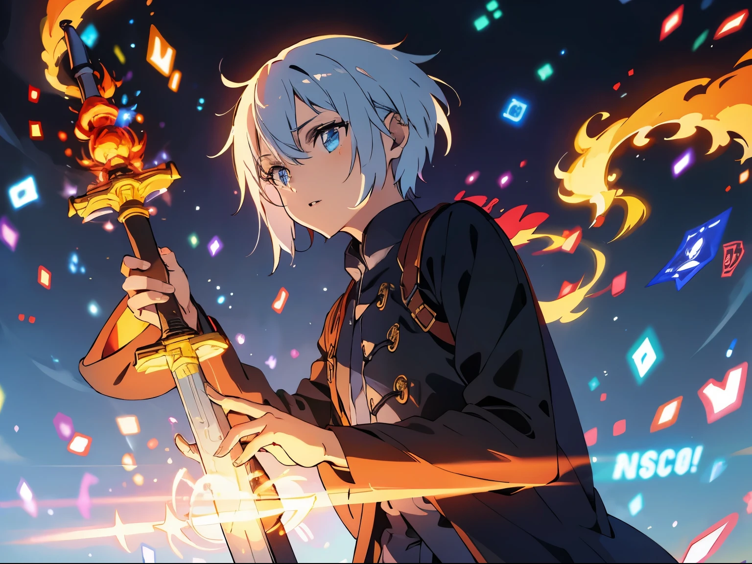masterpiece, A world where magic and technology coexist, youth (gray hair, short hair) hone your skills、Set out on a journey to uncover the secrets of power., beautiful eyes、drawn in detail. A magician makes the most of the potential of his abilities.、We must learn to unlock the true potential of modern magic. Full body illustration, evil look, have a sword, He holds a sword that spits out flames..