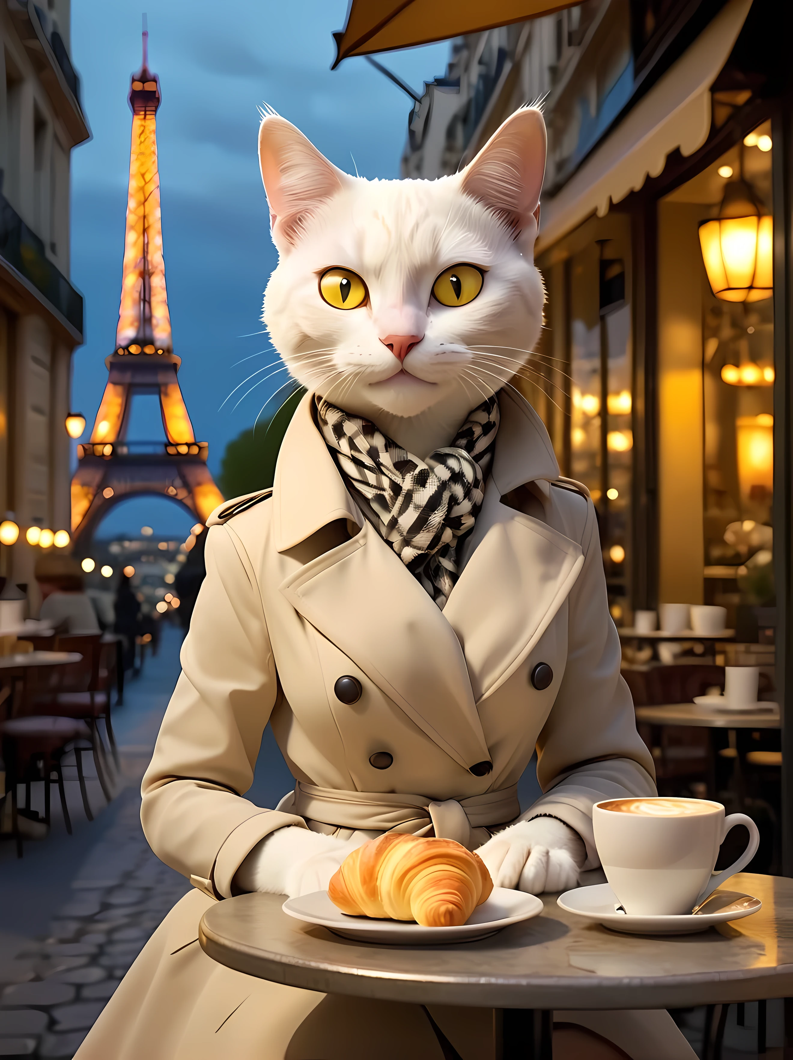Design a captivating image of a charming ((anthropomorphic)) white cat elegantly seated at a small bistro table with an arrangement of croissants and a steaming cup of rich coffee at night, wearing a (fashionable) chic Parisian outfit, a stylish knee-length trench coat with a subtle houndstooth pattern, a silk scarf, cozy café setting, exuding a warm and inviting ambiance, romantic Parisian atmosphere, soft ambient lighting. | The silhouette of the Eiffel Tower in the far distance. | Vivid yellow eyes, sparkling, ((smiling directly at the viewer)), ((epic)). | ((More_Detail))