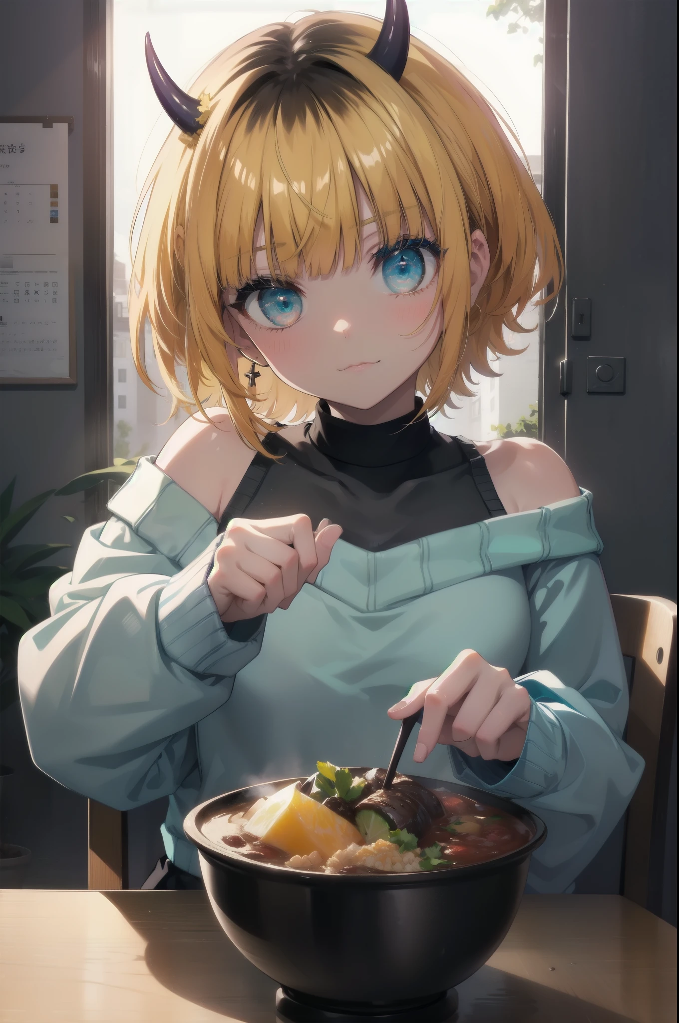 memocho, memocho, blonde hair, blue eyes, dull bangs, demon horn, fake horn, horn, long hair,smile,
break bare shoulders, black skirt, (blue sweater:1.5), long sleeve, off shoulder, off-shoulder sweater,naked neck,naked neck,bare clavicle, plump sleeves, skirt, sweater, white ribbon,black pantyhose,short boots,food is placed on the table,sitting cross-legged on a chair,
break looking at viewer,
break indoors,canteen,
break (masterpiece:1.2), highest quality, High resolution, unity 8k wallpaper, (figure:0.8), (detailed and beautiful eyes:1.6), highly detailed face, perfect lighting, Very detailed CG, (perfect hands, perfect anatomy),
