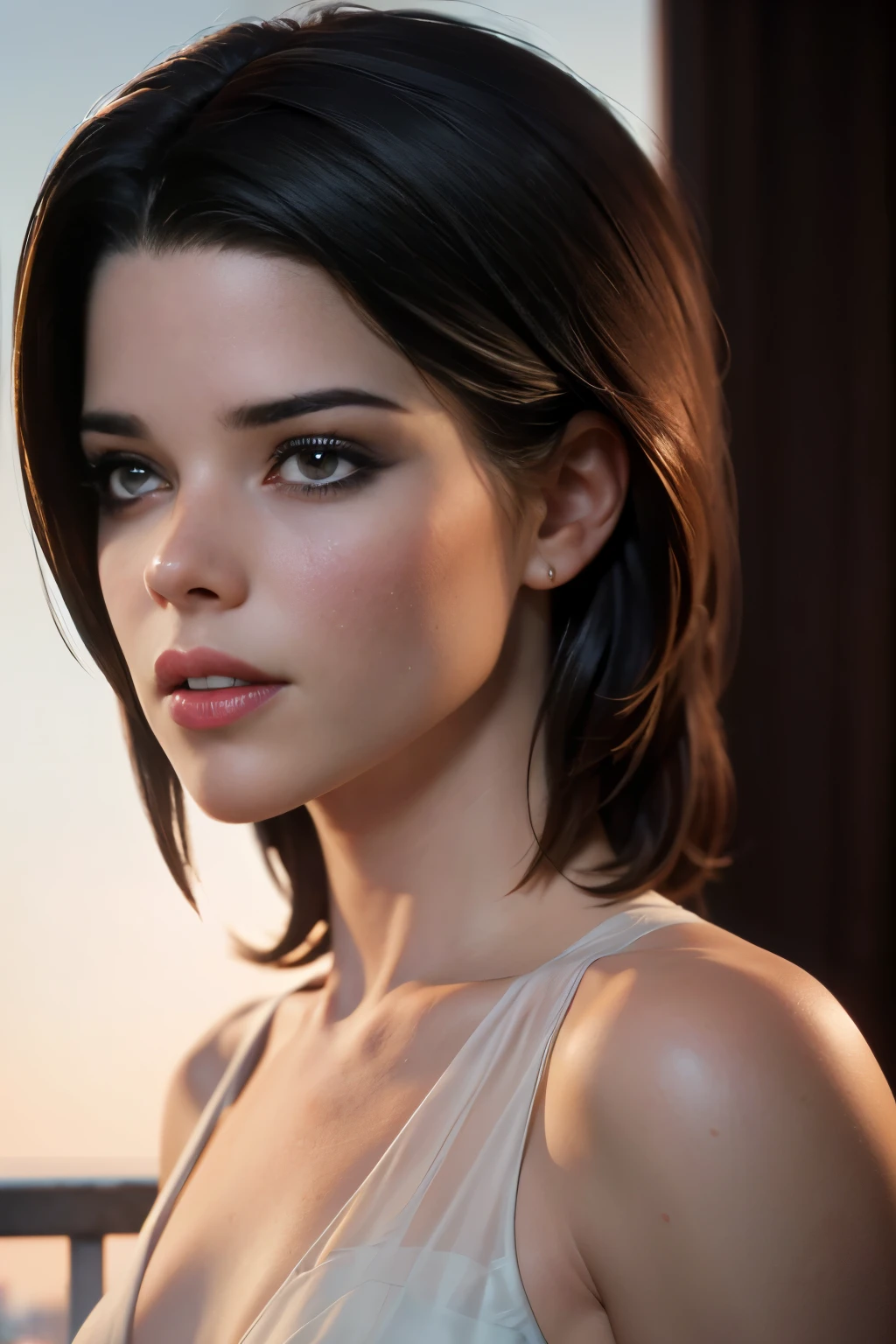 photo of Neve Campbell, RAW, beautiful woman, ((portrait)), ((detailed face:1.2)), ((detailed facial feature, detailed skin, clear skin), (perfect proportioned body), (wearing a low cut dress) (high detailed city environment, apartment balcony), (realistic photo, best quality, detailed), (8k wallpaper), (cinematic lighting, dramatic lighting) (sharp focus, intricate)