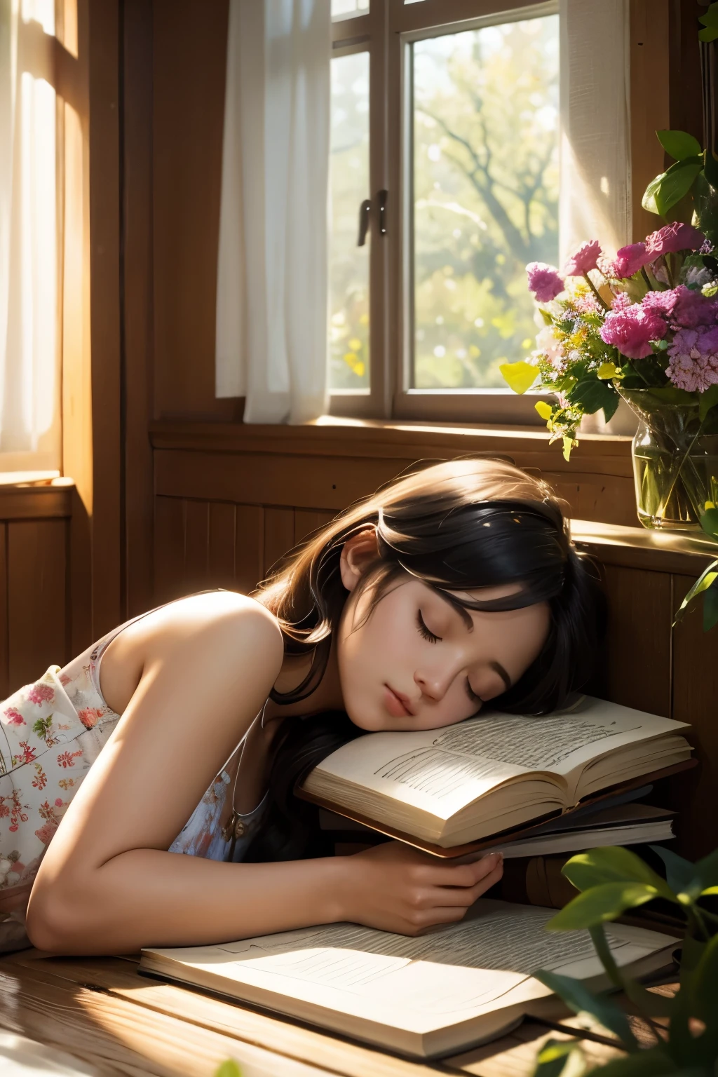 (a girl sleeping on a book),illustration,soft lighting,warm colors,cozy atmosphere,peaceful mood,dreamy,beautiful detailed eyes,dreamland scenery,book pages fluttering,serene garden in the background,gentle breeze,whispering trees,delicate flowers blooming,leaves falling gently,hint of sunlight filtering through the trees,magical aura,best quality,ultra-detailed,realistic,soft brush strokes,vivid colors,warm sunlight streaming through the window,calm and tranquil environment