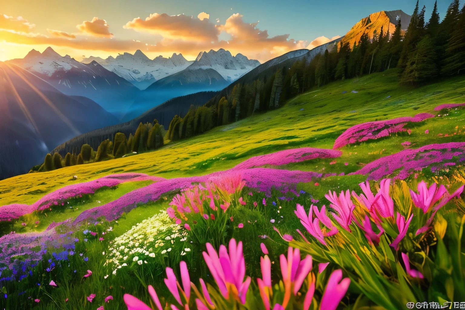 A tranquil alpine meadow, bathed in the soft light of dawn, exudes a sense of peace and tranquility. Lush green grass dotted with vibrant wildflowers stretches towards towering snow-capped peaks in the distance. The image, a striking photograph, captures the pristine beauty of a pristine natural landscape. Each blade of grass, each petal of a flower, is rendered with exquisite detail, immersing the viewer in the splendor of nature's untouched majesty. The sheer quality of the image conveys a sense of awe and wonder at the breathtaking vista before us.