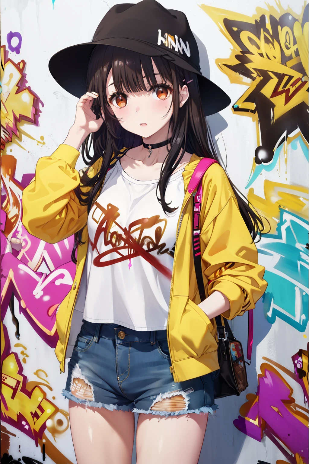 yumeirido, yume irido, long hair, bangs, (black hair:1.5), hair ornaments, (brown eyes:1.5), hair clip,baseball hat,denim shorts, choker, (graffiti:1.5), paint splatters, turn your arms behind your back, towards the wall, looking at the viewer, thigh strap, 
break　outdoors ,Alley,　　　　　　　　　　　break looking at viewer, (cowboy shot:1.5),
break (masterpiece:1.2), highest quality, High resolution, unity 8k wallpaper, (figure:0.8), (detailed and beautiful eyes:1.6), highly detailed face, perfect lighting, Very detailed CG, (perfect hands, perfect anatomy),