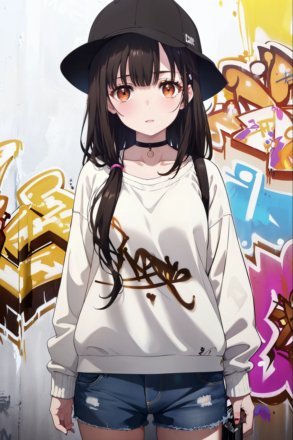 yumeirido, yume irido, long hair, bangs, (black hair:1.5), hair ornaments, (brown eyes:1.5), hair clip,baseball hat,denim shorts, choker, (graffiti:1.5), paint splatters, turn your arms behind your back, towards the wall, looking at the viewer, thigh strap, 
break　outdoors ,Alley,　　　　　　　　　　　break looking at viewer, (cowboy shot:1.5),
break (masterpiece:1.2), highest quality, High resolution, unity 8k wallpaper, (figure:0.8), (detailed and beautiful eyes:1.6), highly detailed face, perfect lighting, Very detailed CG, (perfect hands, perfect anatomy),