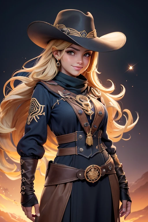 (obra maestra, mejor calidad: 1.2), tiro de vaquero, solo, 1 chica, una vez, piel oscura, mujer de piel oscura, sonrisa, looking at shipping, brazos explicando un tema, astrology symbol, tubos capilares, sin mangas, ombros nus, Astrologer