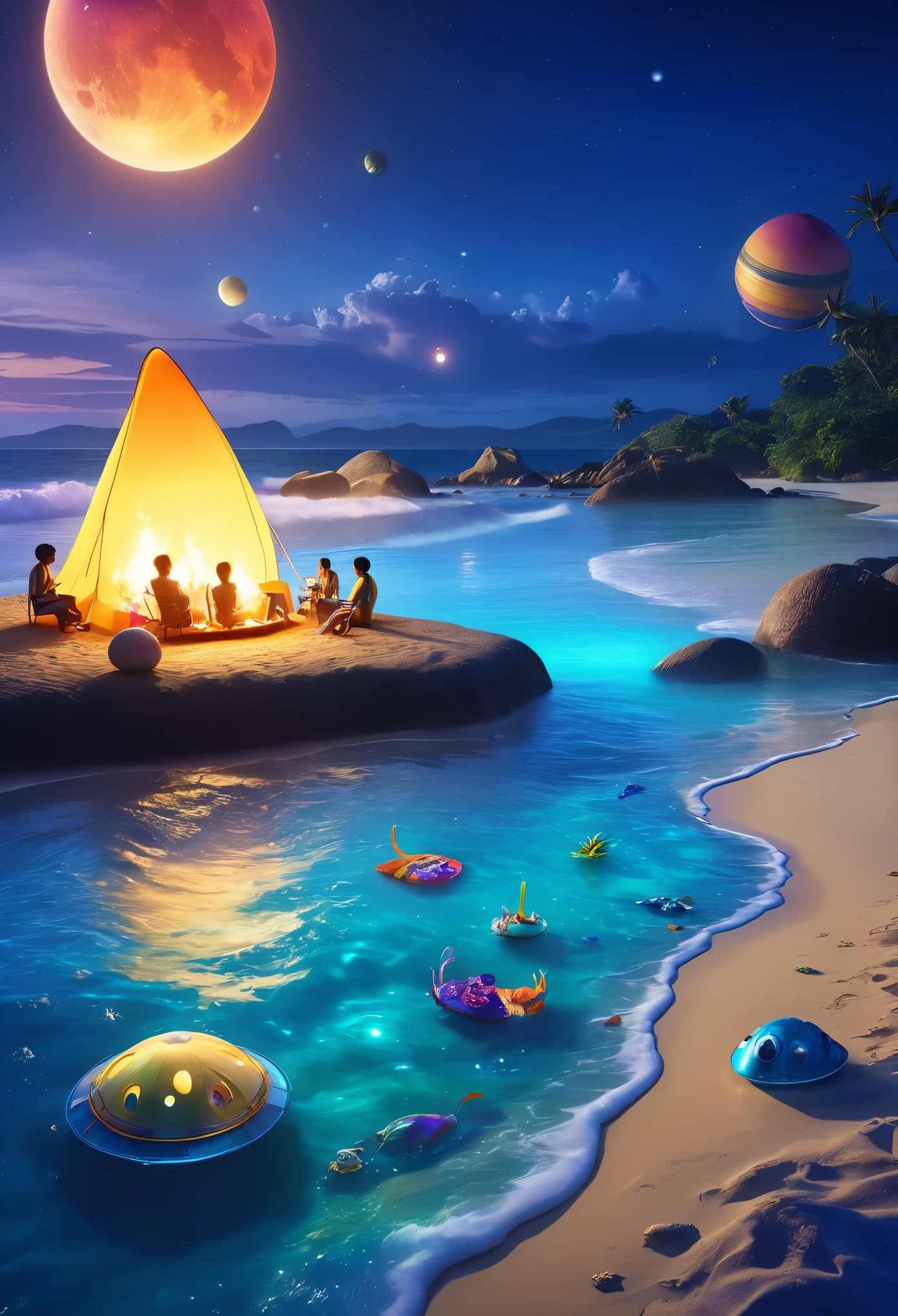 An exotic alien beach background,Sand grains shining with strange luster,The water is a deep and mysterious blue,The waves gently lap against the shore。A lively alien party。Different alien images,Some have strange appearance features,like colorful skin、Alien head or glowing eyes。They wear all kinds of clothes,Have fun at the ,Some are dancing on the beach,Some are swimming in the sea,Others sit around the campfire and talk。Light and shadow installation floating in the air、Instruments that make strange sounds or devices that project virtual images。