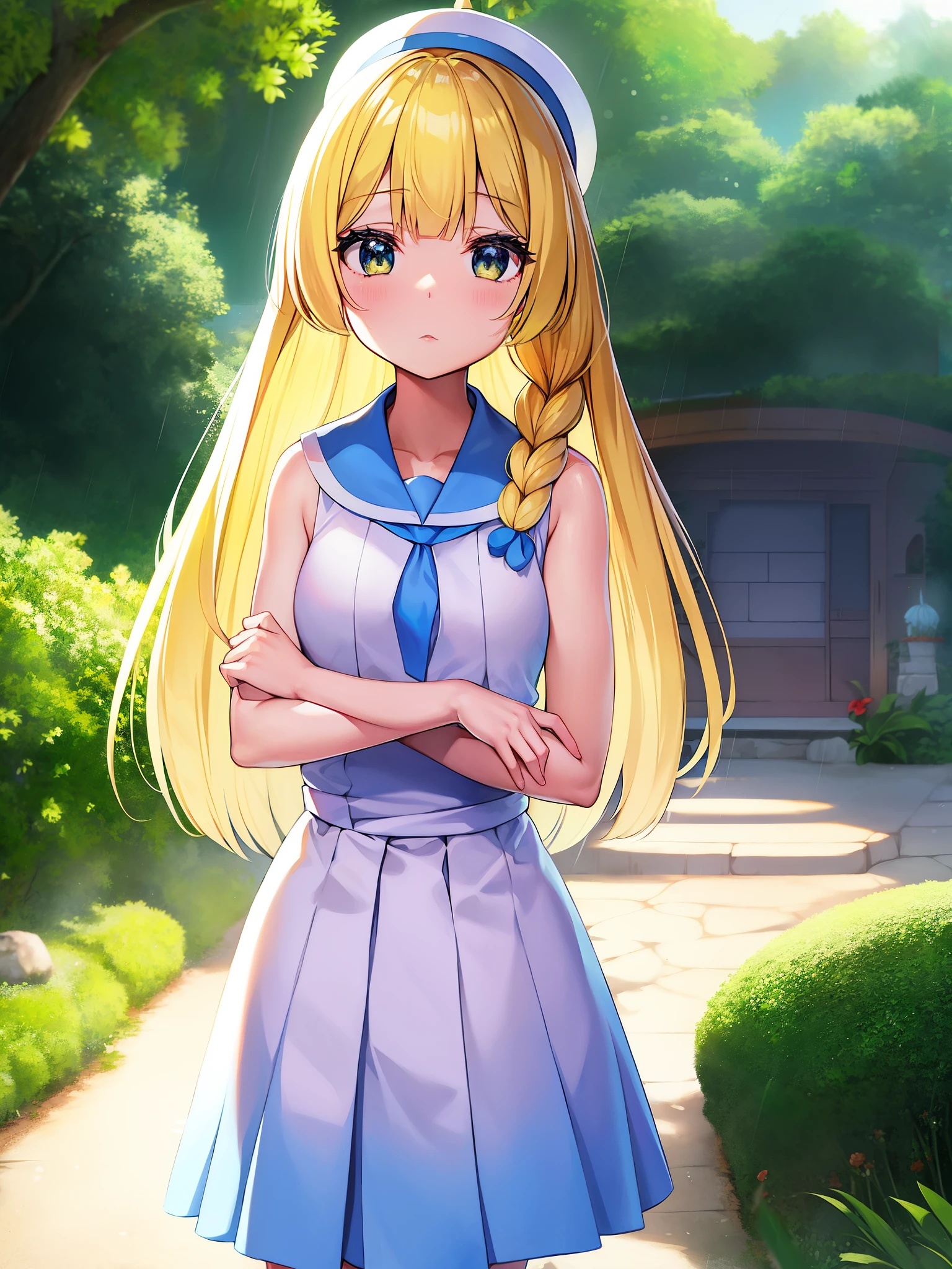 Pokémon、sunset、Tropical Alola region、Lillie、Snow-white skin and long pale blonde hair、White princess-line sleeveless dress and white wide-brimmed hat、french braid、high ponytail、blue mini skirt、blue pleated skirt、sailor color、shirt、short sleeve、blue skirt、White shirt、white skirt「Lady」、blonde girl、Pippi Ningyoya Cosmetics、orthodox heroine、Lily flower、Escape from the rain and take shelter together in a cave、Lillie is a symbol of the moon、Hau is the image of the sun。Lillie is not the moon、I will become a shining sun」、pacifist、Directional tone deafness、