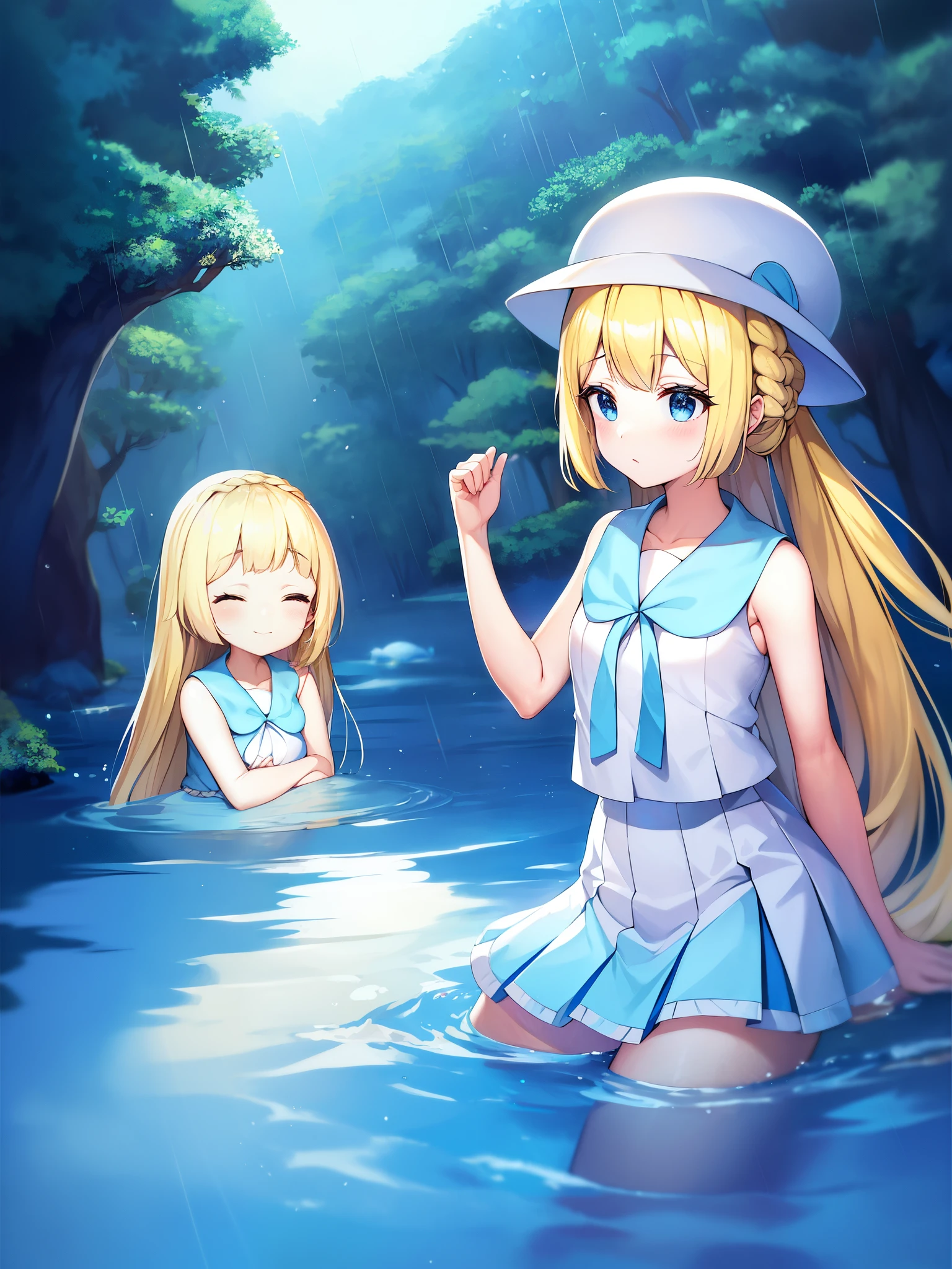 Pokémon、sunset、Tropical Alola region、Lillie、Snow-white skin and long pale blonde hair、White princess-line sleeveless dress and white wide-brimmed hat、french braid、high ponytail、blue mini skirt、blue pleated skirt、sailor color、shirt、short sleeve、blue skirt、白いshirt、white skirt「Lady」、blonde girl、Pippi Ningyoya Cosmetics、orthodox heroine、Lily flower、Escape from the rain and take shelter together in a cave、Lillieは月の象徴で、Hau is the image of the sun。Lillieが月ではなく、I will become a shining sun」、pacifist、Directional tone deafness、