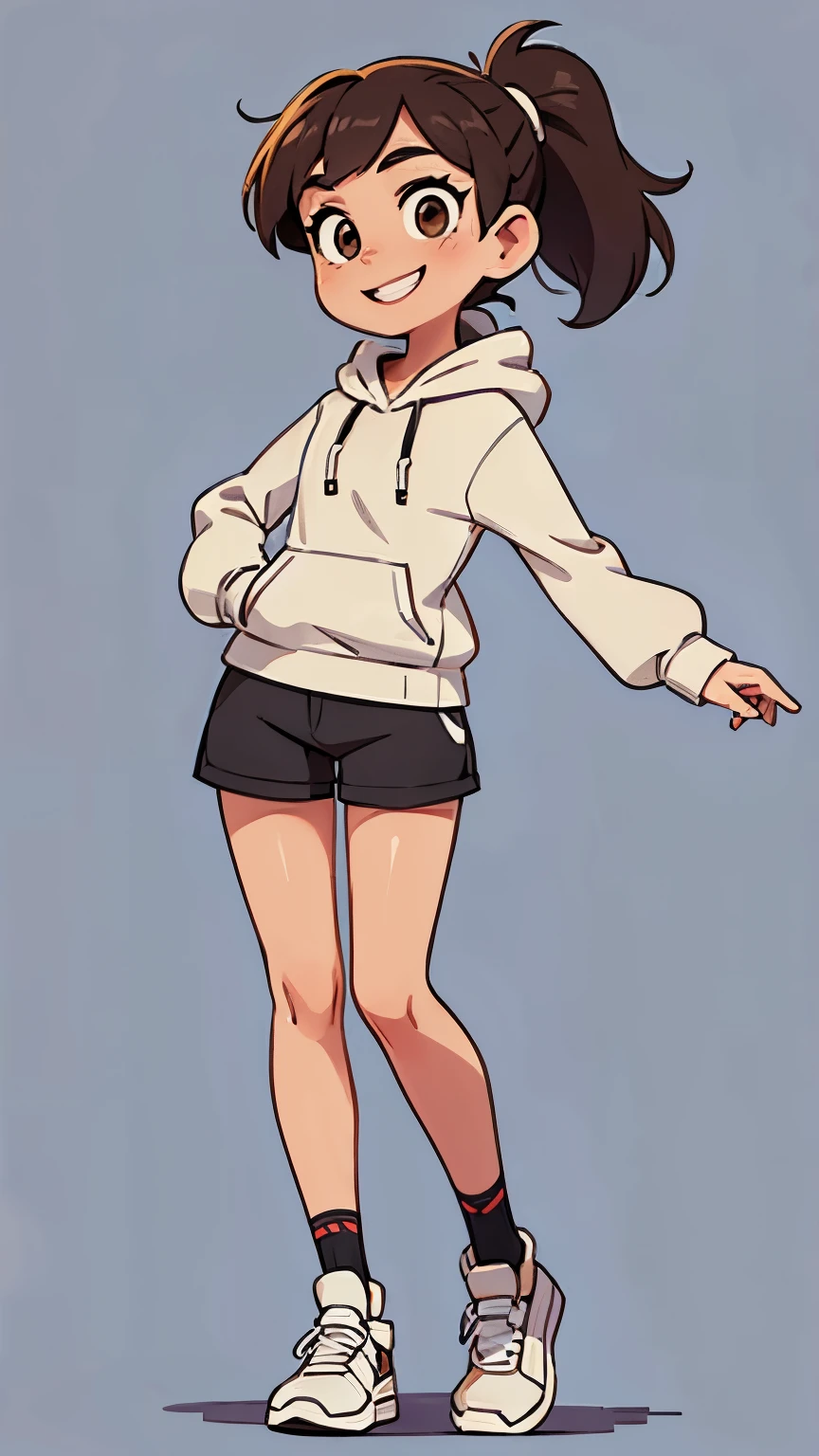 A character, a girl, frontal, black ponytail, light brown eyes, white hoodie, short pants, smiling, cartoon style, full body