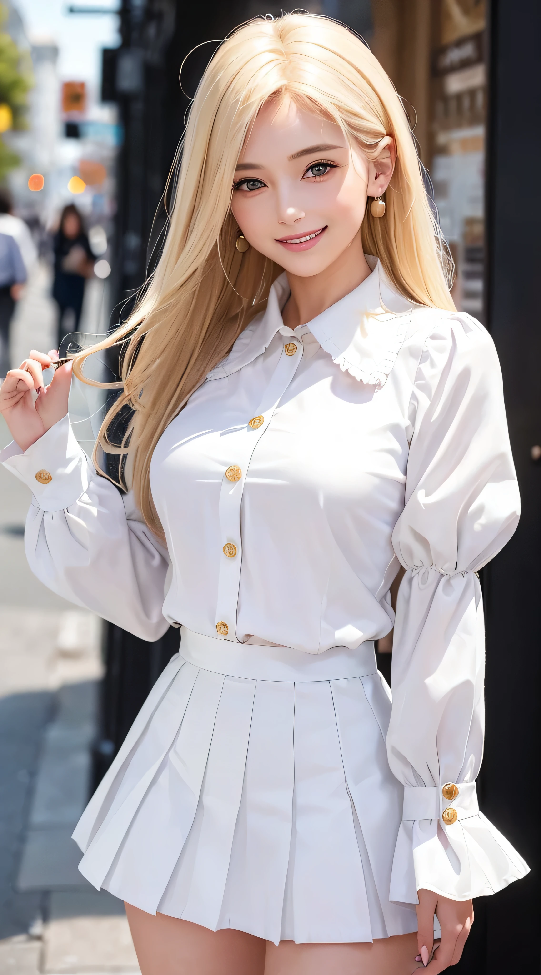 European and American women, Fashion Model, Glamour, Paparazzi took pictures of her, blonde hair, brown eyes, 8K, high quality, masterpiece, 最high quality, HD, very detailed、voluminous lighting, photorealistic、((white long sleeve button up blouse_with collar_Remove up to the second button＿puffy sleeves＿white pleated mini skirt:1.3)),((shy smile:1.3)),