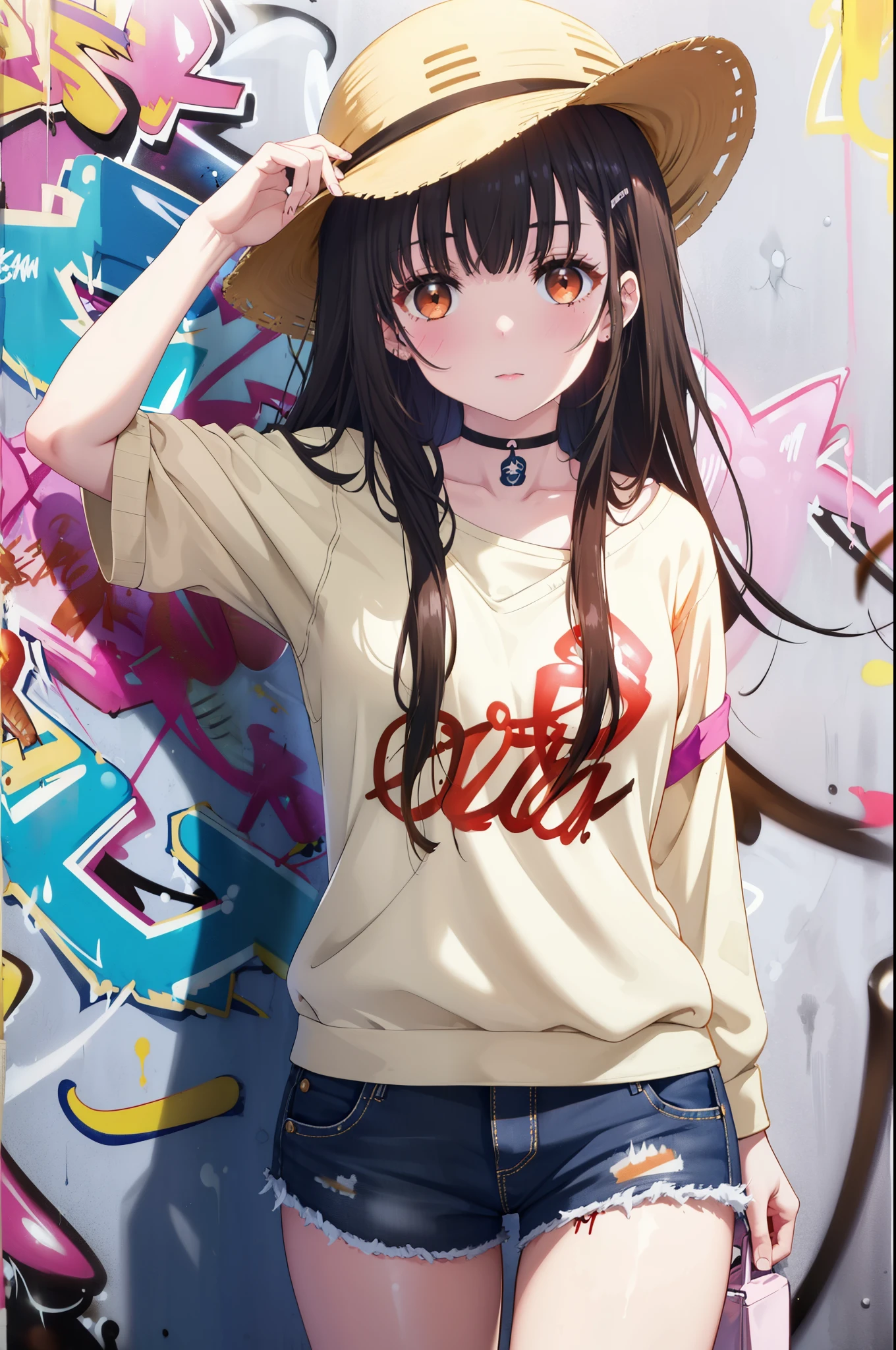 yumeirido, yume irido, long hair, bangs, (black hair:1.5), hair ornaments, (brown eyes:1.5), hair clip,smile,blush,baseball hat,denim shorts, choker, (graffiti:1.5), paint splatters, turn your arms behind your back, towards the wall, looking at the viewer, thigh strap, 
break　outdoors ,Alley,　　　　　　　　　　　break looking at viewer, (cowboy shot:1.5),
break (masterpiece:1.2), highest quality, High resolution, unity 8k wallpaper, (figure:0.8), (detailed and beautiful eyes:1.6), highly detailed face, perfect lighting, Very detailed CG, (perfect hands, perfect anatomy),