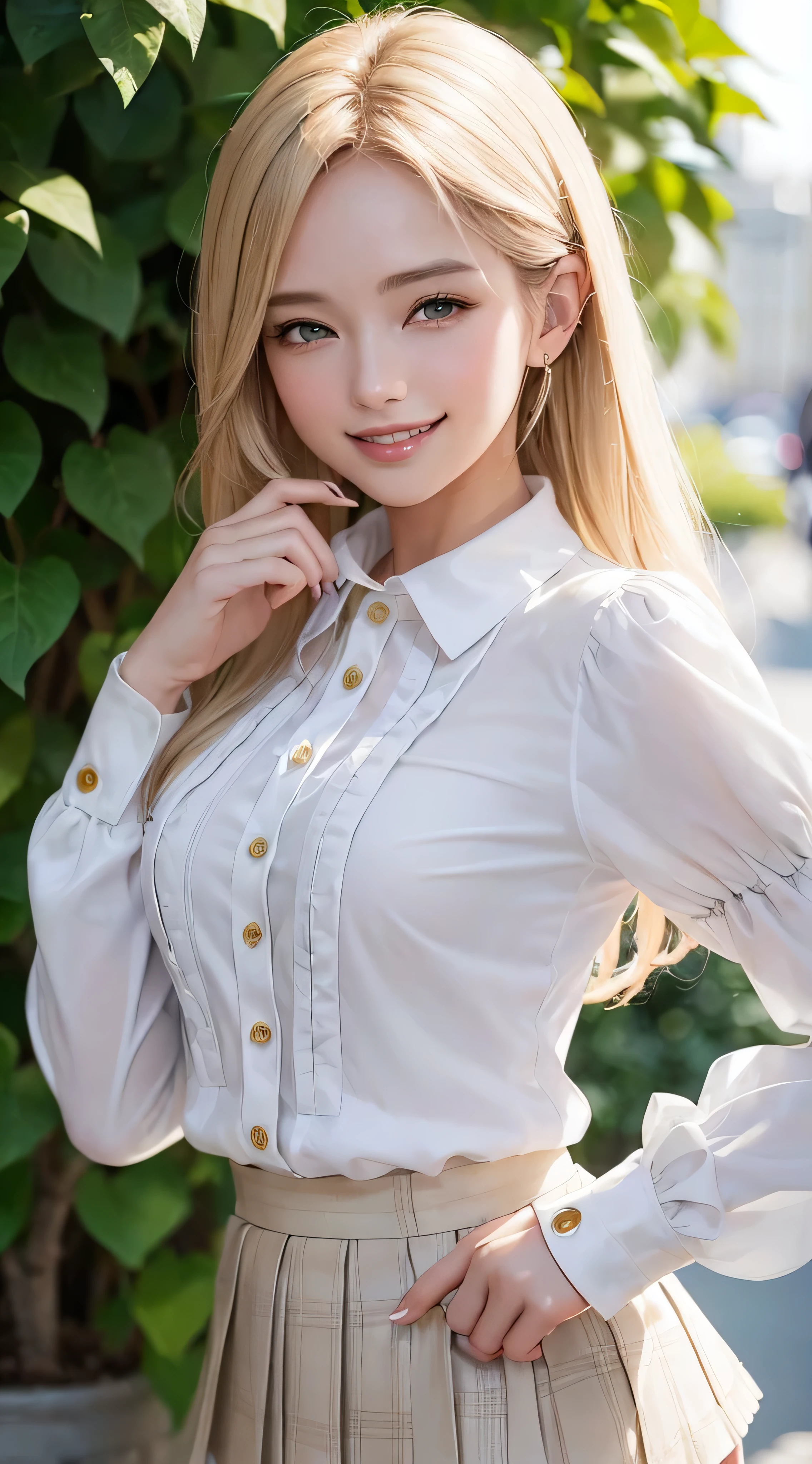 European and American women, Fashion Model, Glamour, Paparazzi took pictures of her, blonde hair, brown eyes, 8K, high quality, masterpiece, 最high quality, HD, very detailed、voluminous lighting, photorealistic、((white long sleeve button up blouse_with collar_Remove up to the second button_puffy sleeves_white pleated mini skirt:1.3)),((shy smile:1.3)),