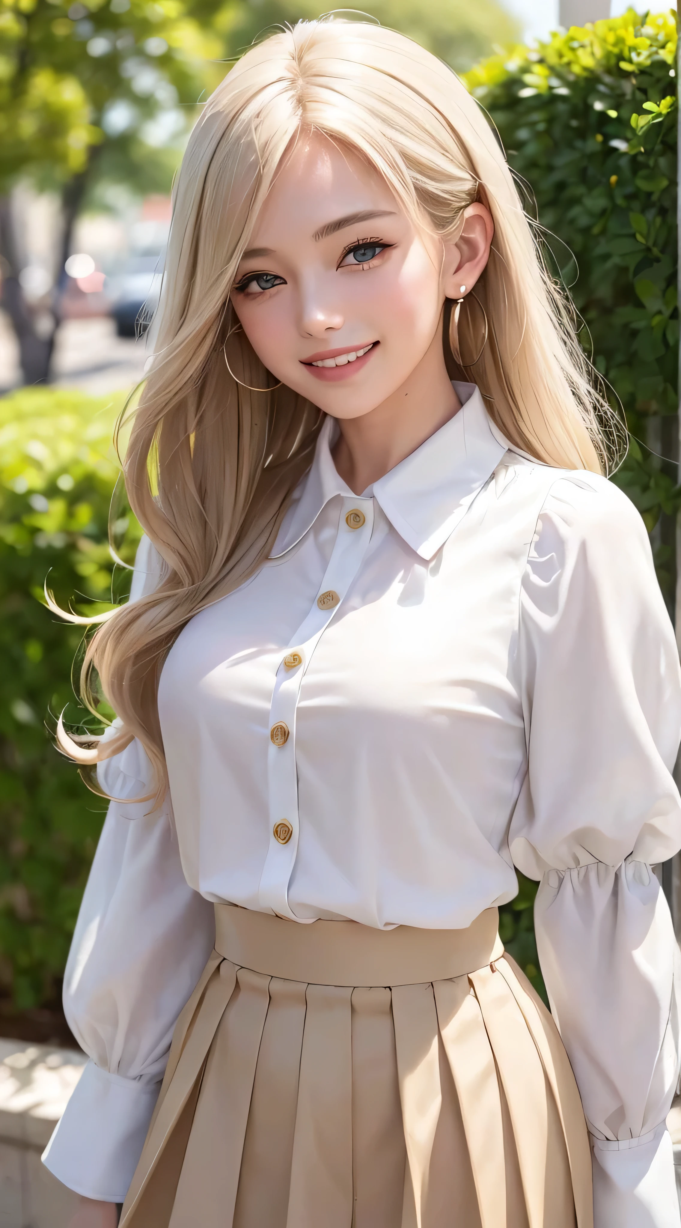 European and American women, Fashion Model, Glamour, Paparazzi took pictures of her, blonde hair, brown eyes, 8K, high quality, masterpiece, 最high quality, HD, very detailed、voluminous lighting, photorealistic、((white long sleeve button up blouse_with collar_Remove up to the second button_puffy sleeves_white pleated mini skirt:1.3)),((shy smile:1.3)),