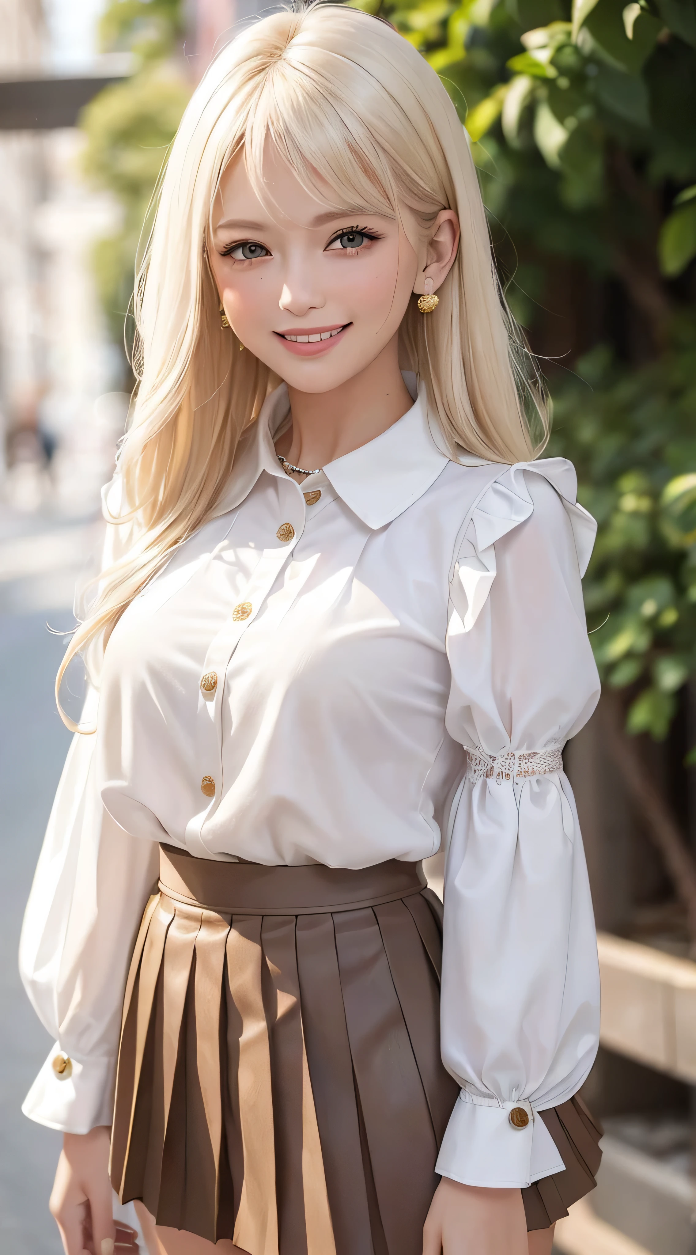 European and American women, Fashion Model, Glamour, Paparazzi took pictures of her, blonde hair, brown eyes, 8K, high quality, masterpiece, 最high quality, HD, very detailed、voluminous lighting, photorealistic、((white long sleeve button up blouse_with collar_Remove up to the second button_puffy sleeves_see-tyrough sleeves_white pleated mini skirt:1.3)),((shy smile:1.3)),